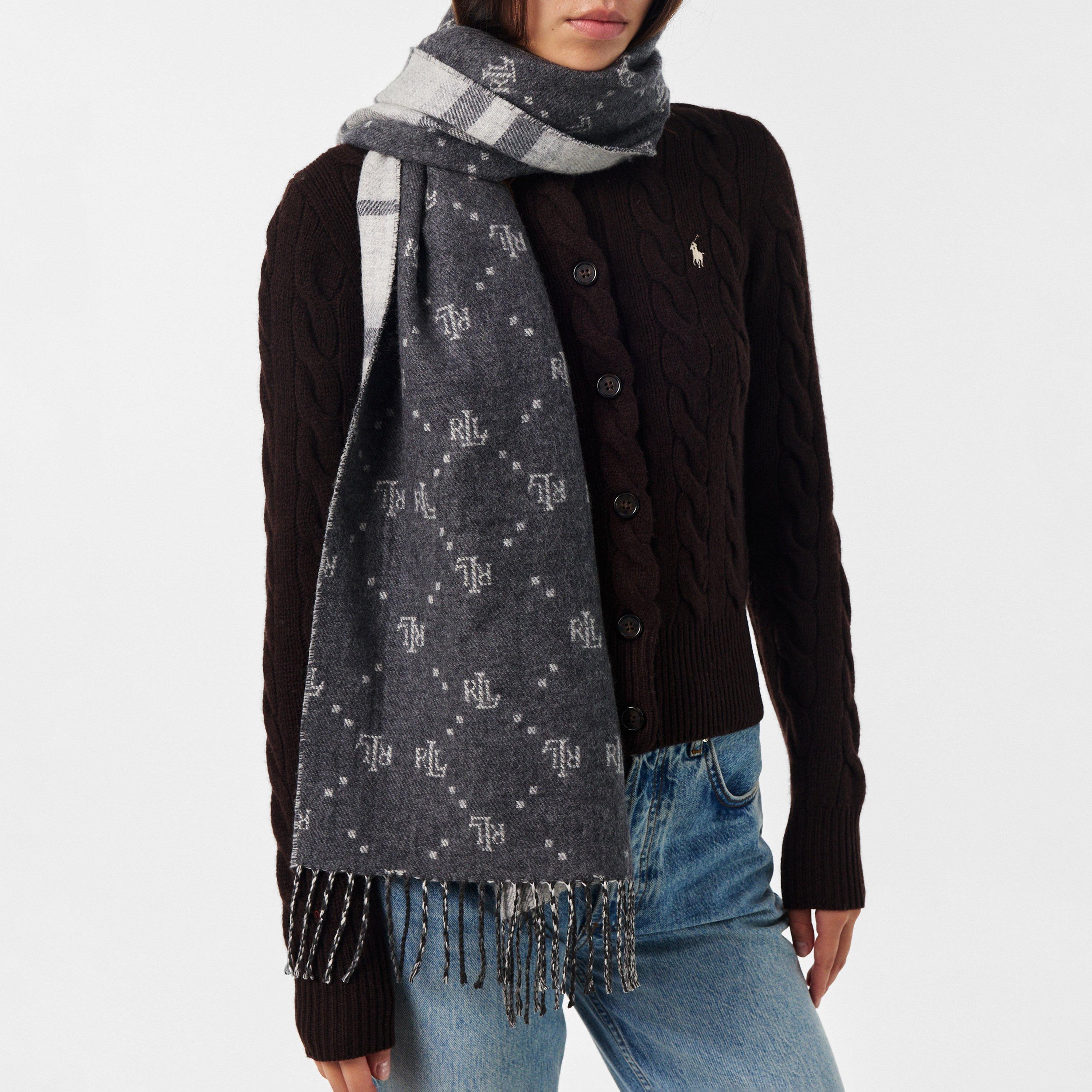 Grey - Lauren by Ralph Lauren - Women's Real Leather Logo Midweight Scarf - 3