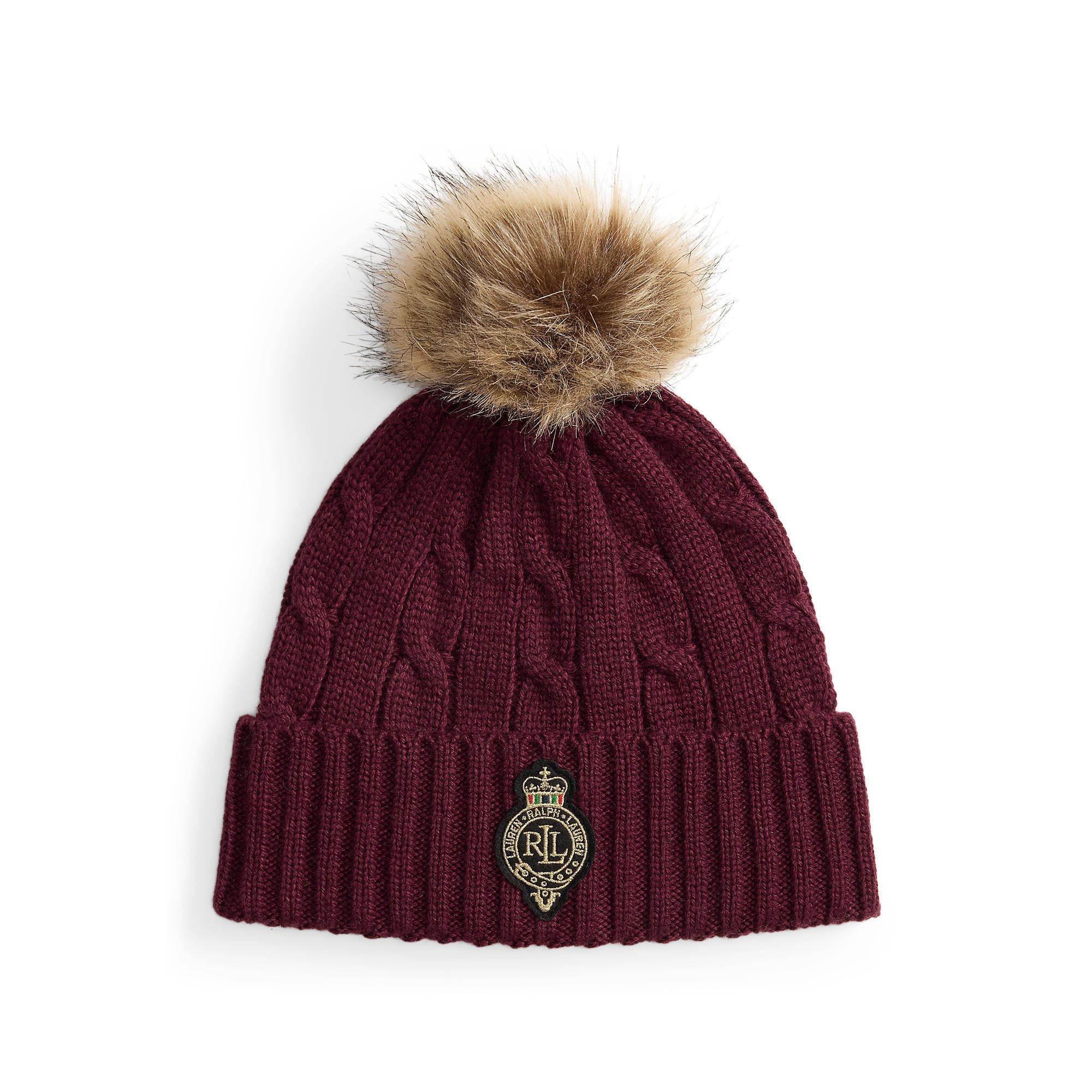 Lauren by Ralph Lauren Pom-Pom Cable-Knit Beanie - DARK GARNET