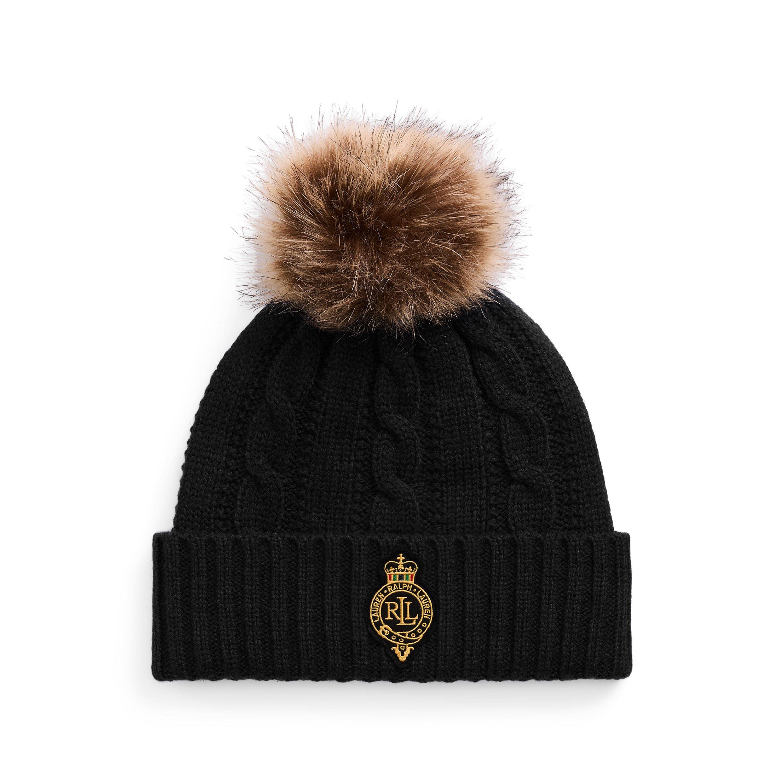 Lauren by Ralph Lauren Pom-Pom Cable-Knit Beanie - BLACK