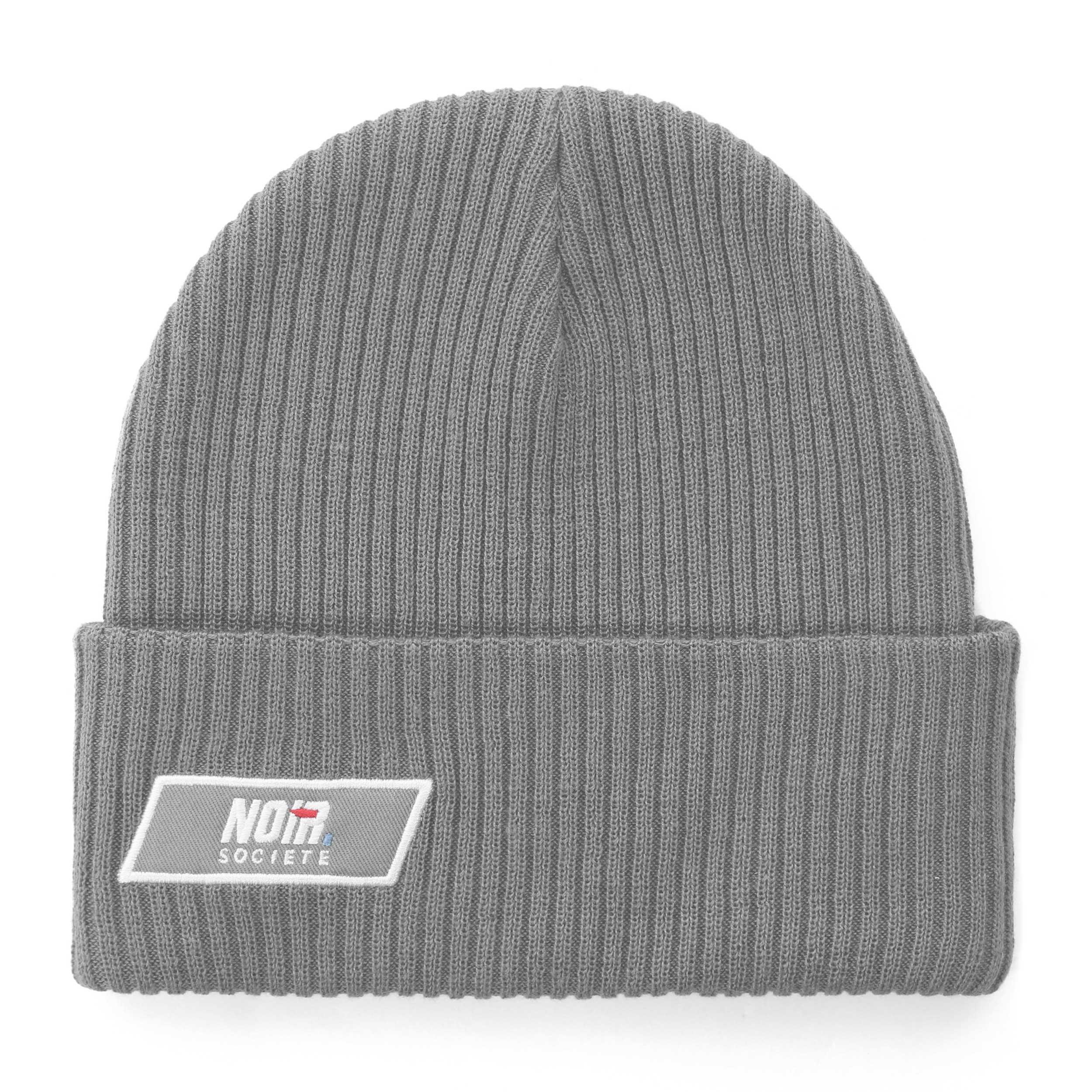 GREY/WHITE - Societe Noir - Men's Woven Patch Ribbed Knit Beanie - 1