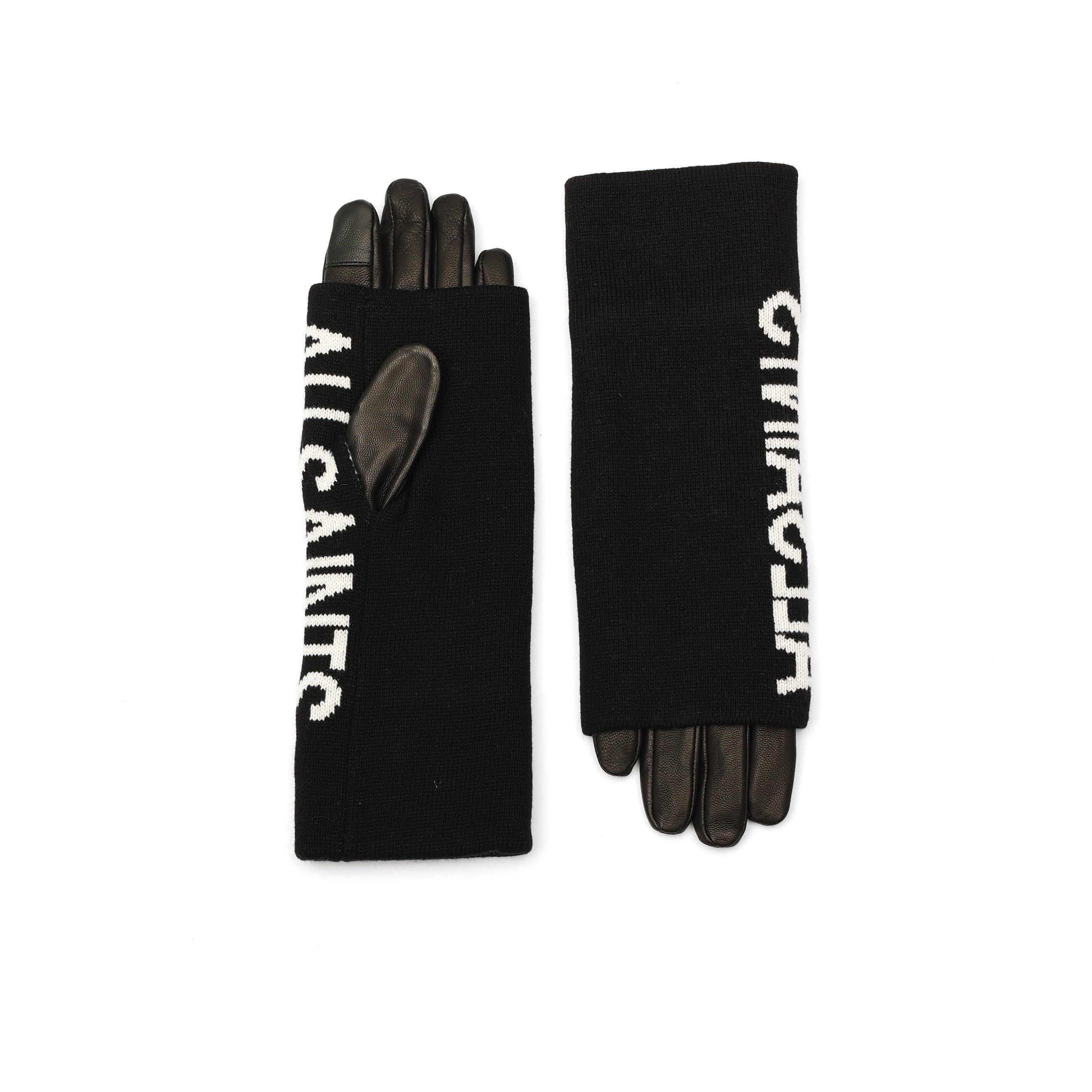 Black - AllSaints - ALLSAINTS UNDERGROUND LOGO KNIT CUFF LEATHER GLOVE - 3