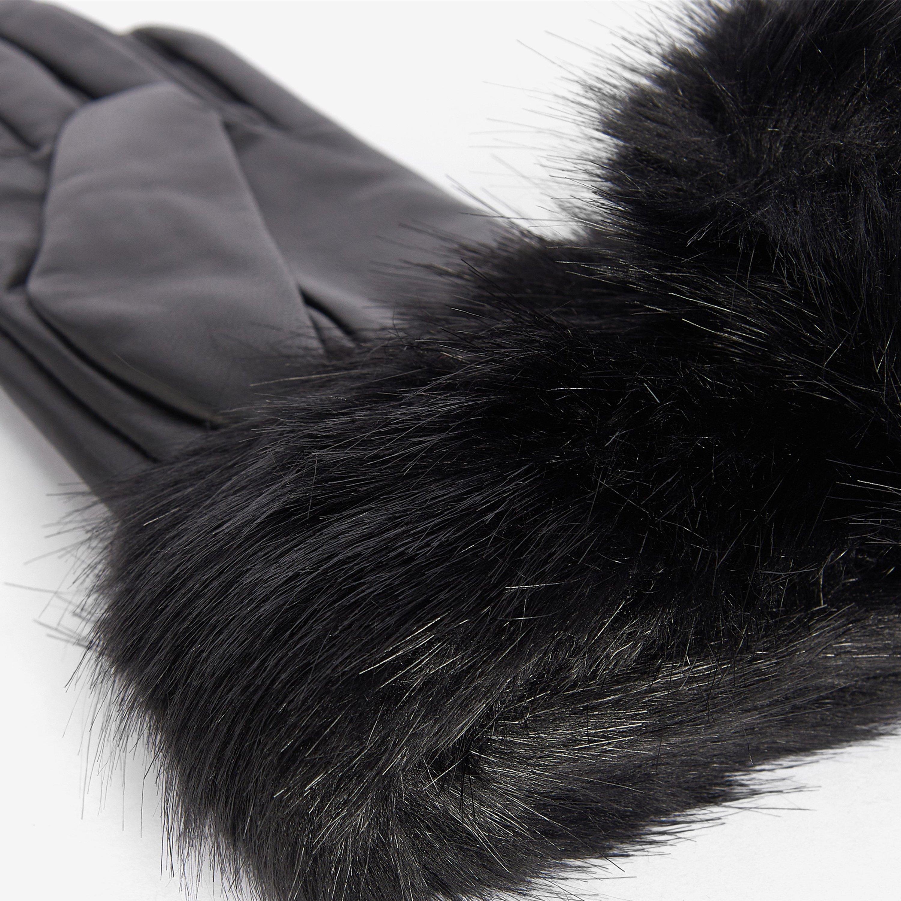 Black - Barbour - Fur Trimmed Leather Gloves - 2