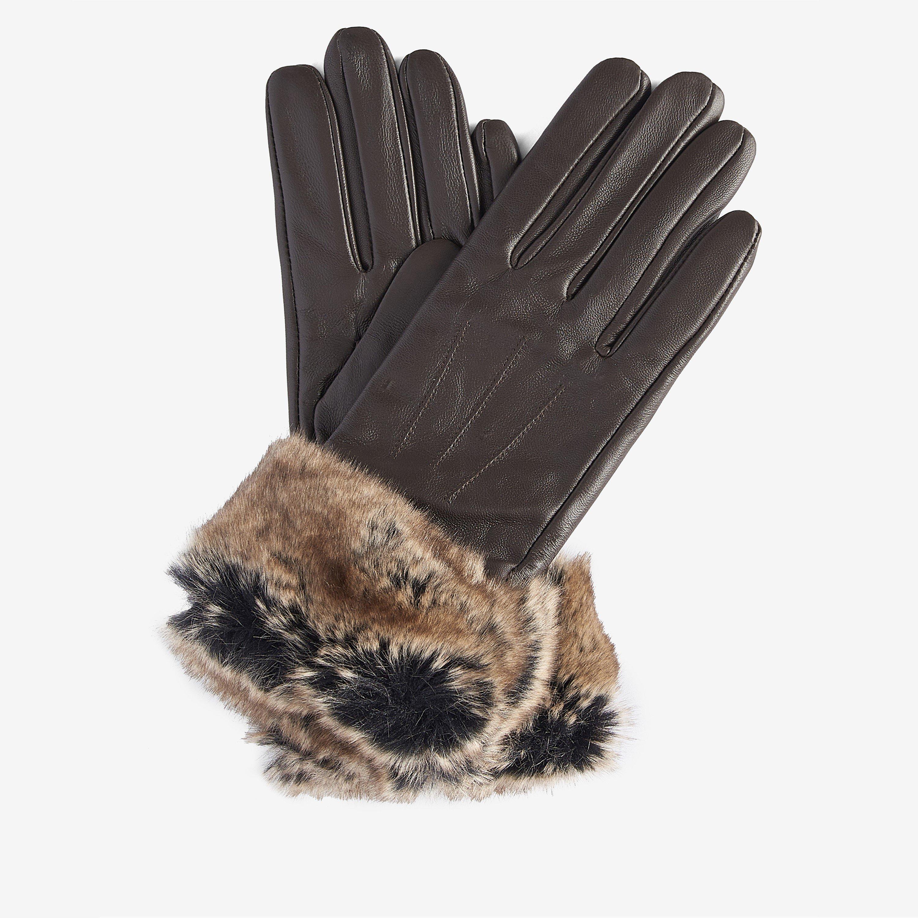 Barbour Fur Trimmed Leather Gloves In Dark Brown