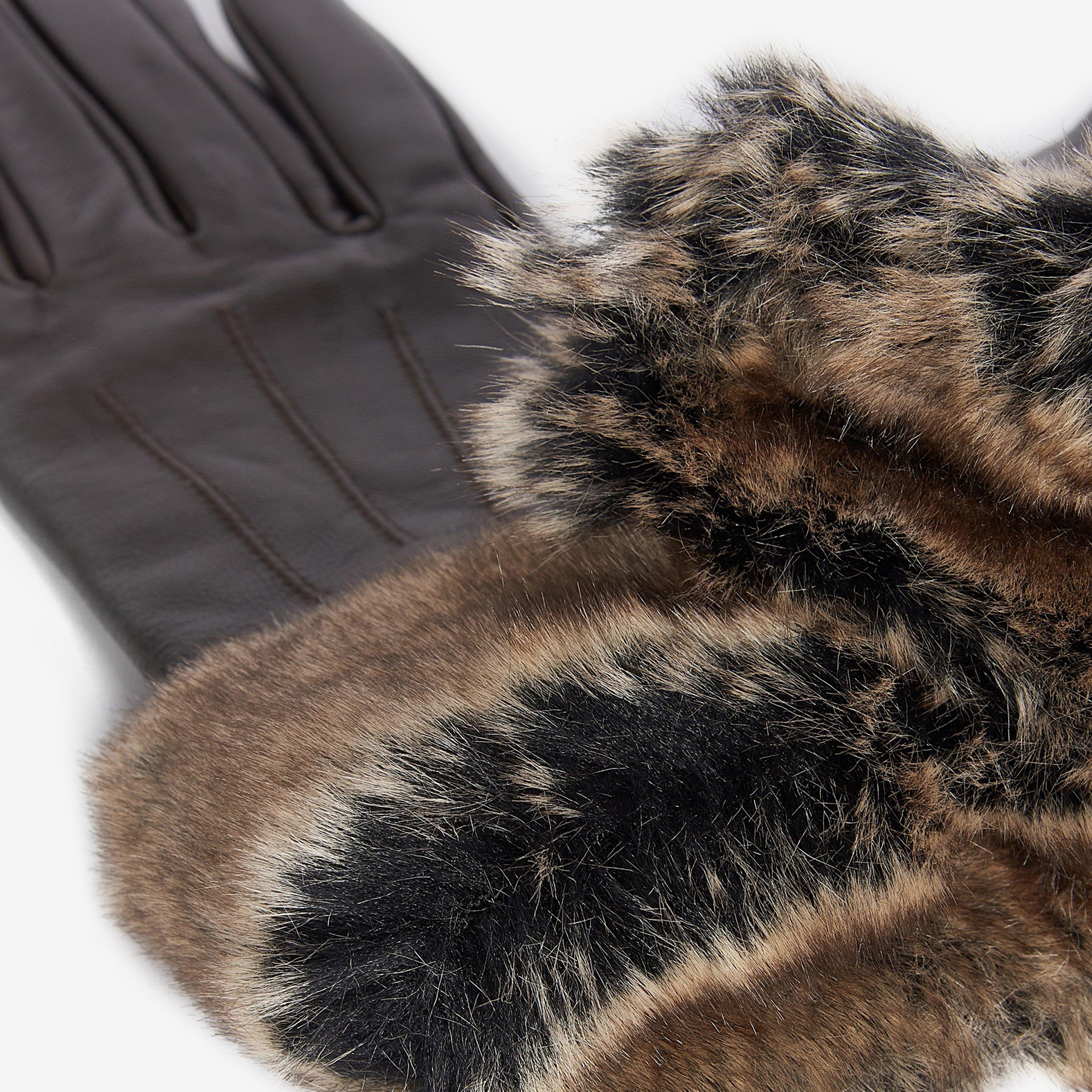 Dark Brown - Barbour - Fur Trimmed Leather Gloves - 2