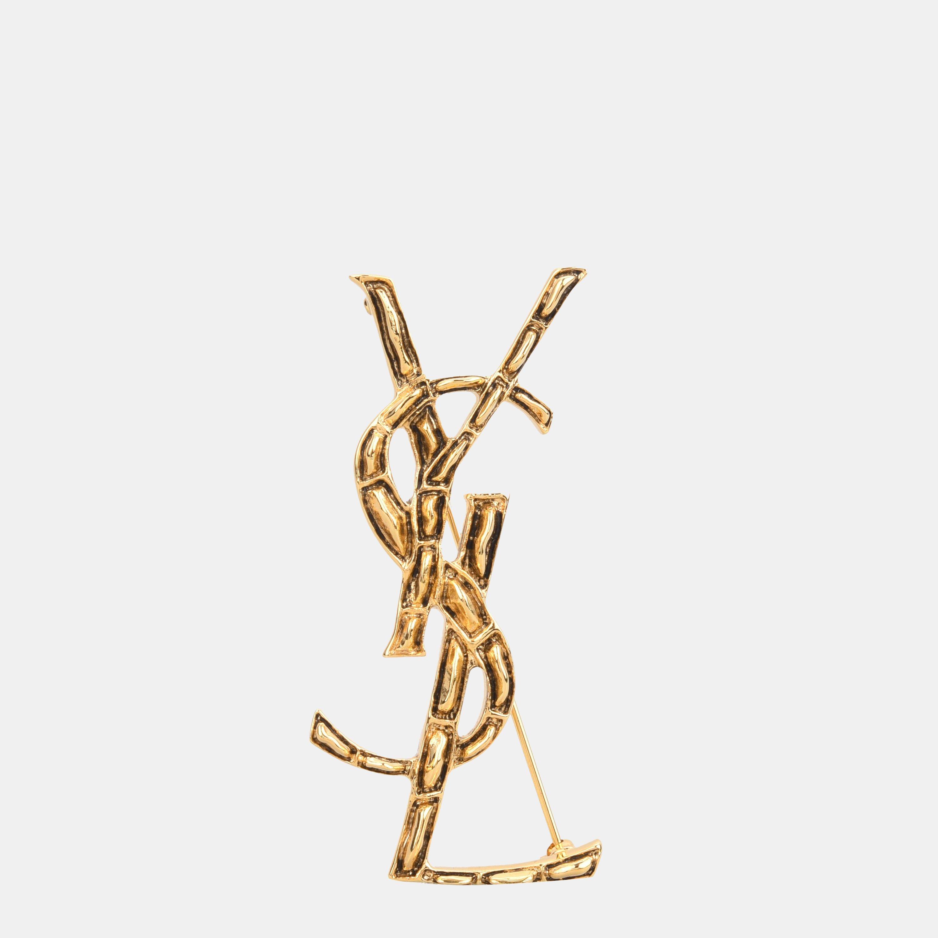 Saint Laurent Cassandre Crocodile Brooch - Gold