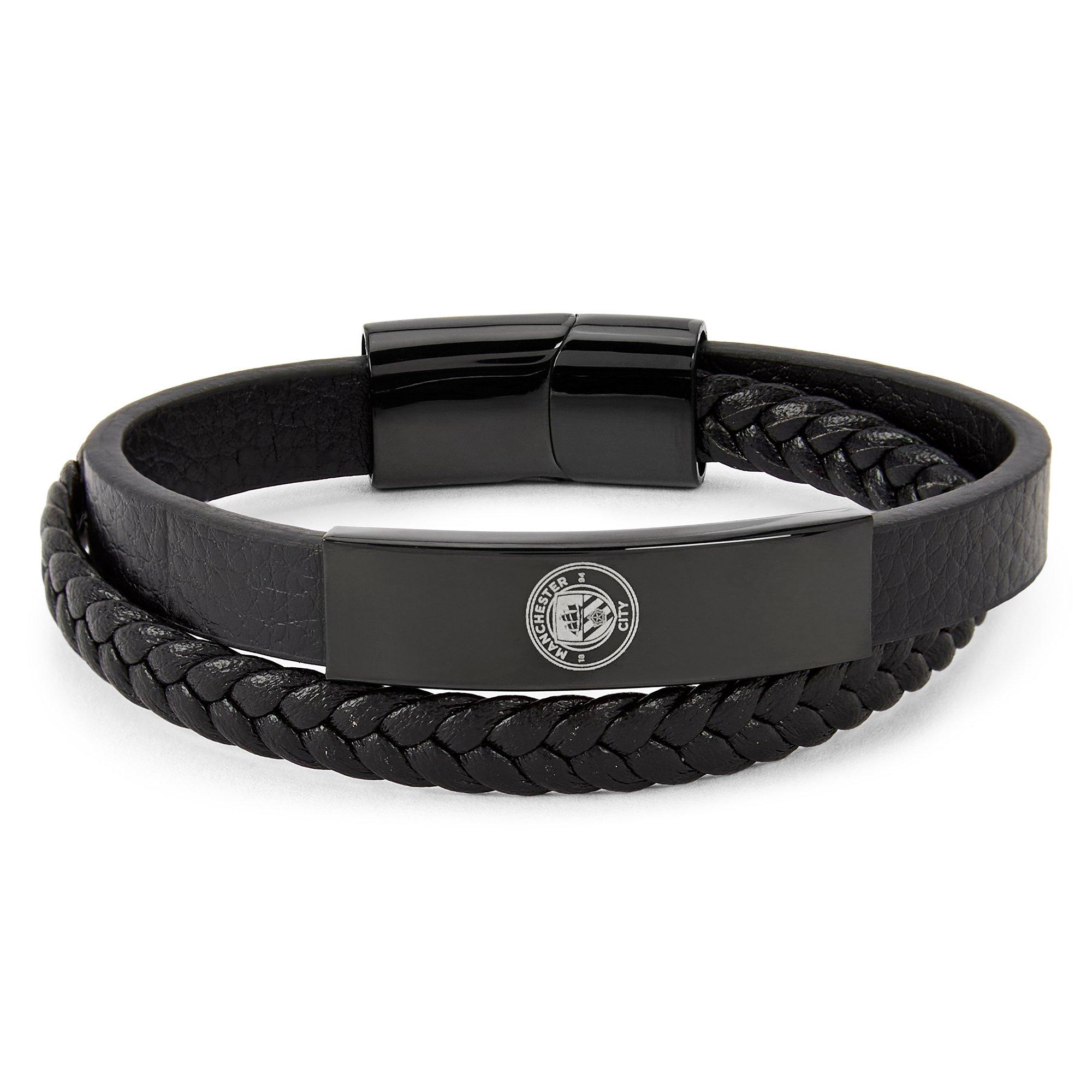 Team Officially Licensed Stainless Steel and Leather Black IP Bracelet