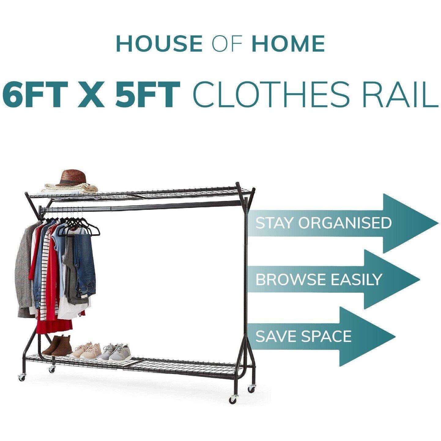 Black - House of Home - Clothing Rail Heavy Duty 6ft x 5ft Hanging Rack - 7