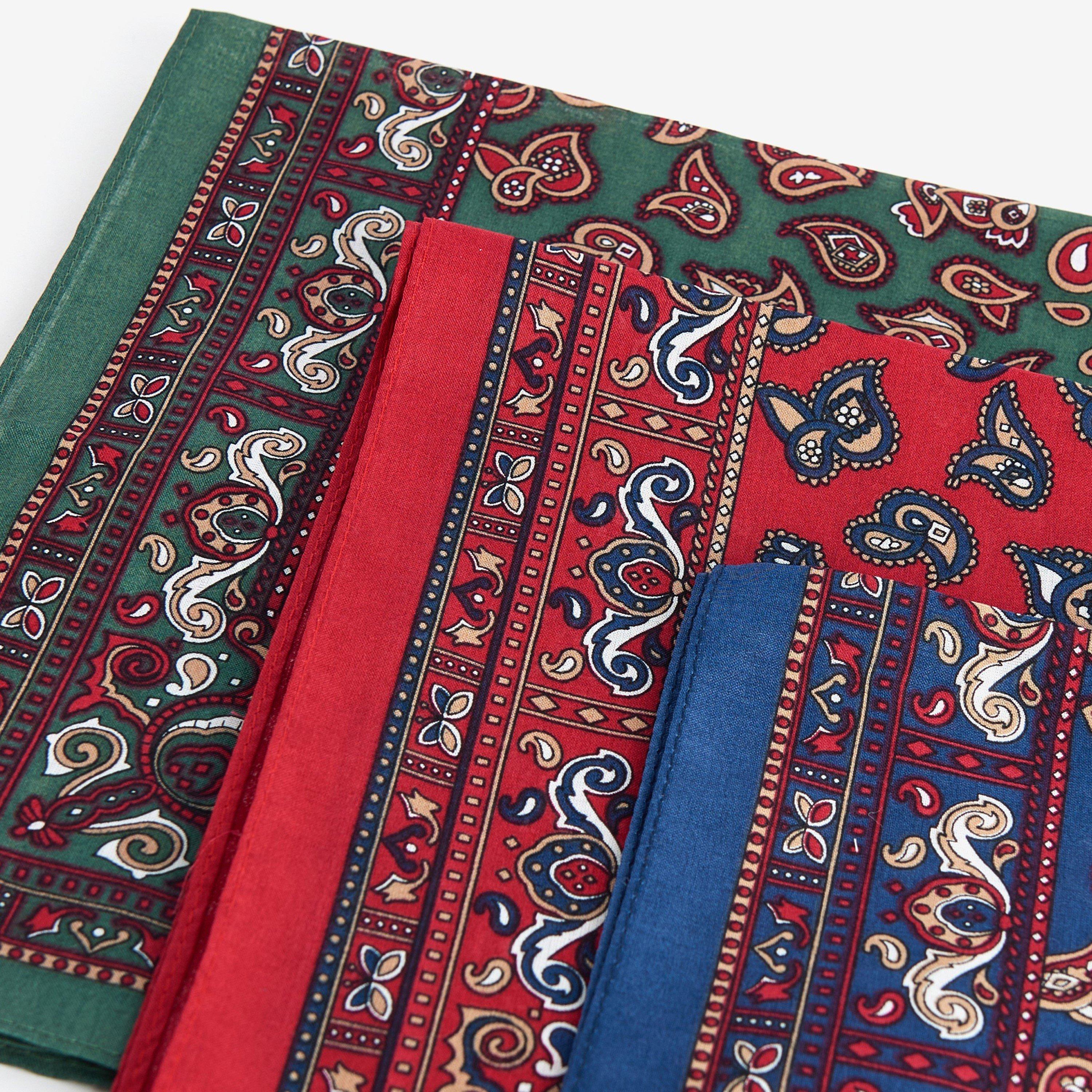 Green/Red MI11 - Barbour - Men's Paisley Cotton 3-Pack Handkerchiefs - 3