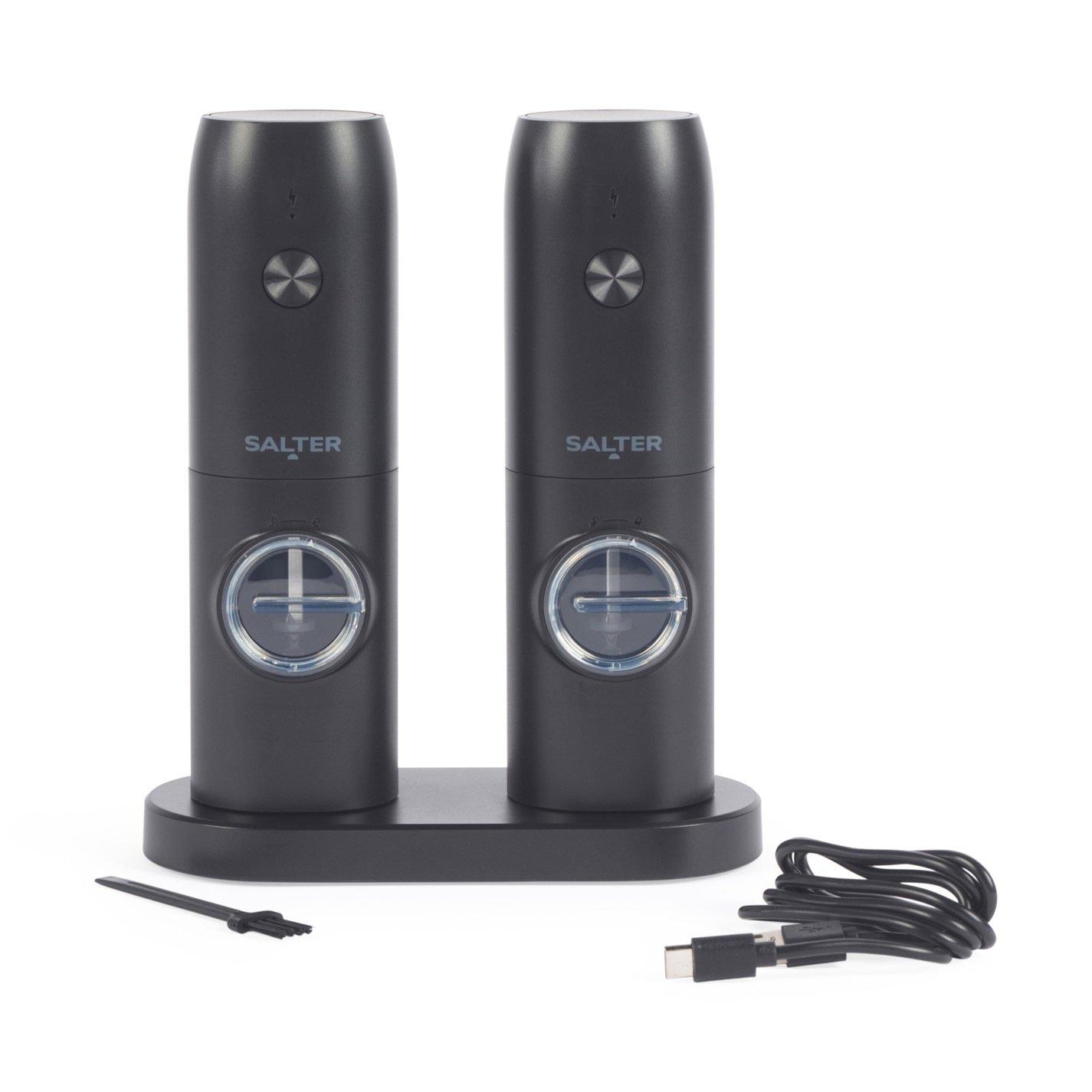 Black - Salter - Rechargeable Salt and Pepper Mill Set with Base - 1