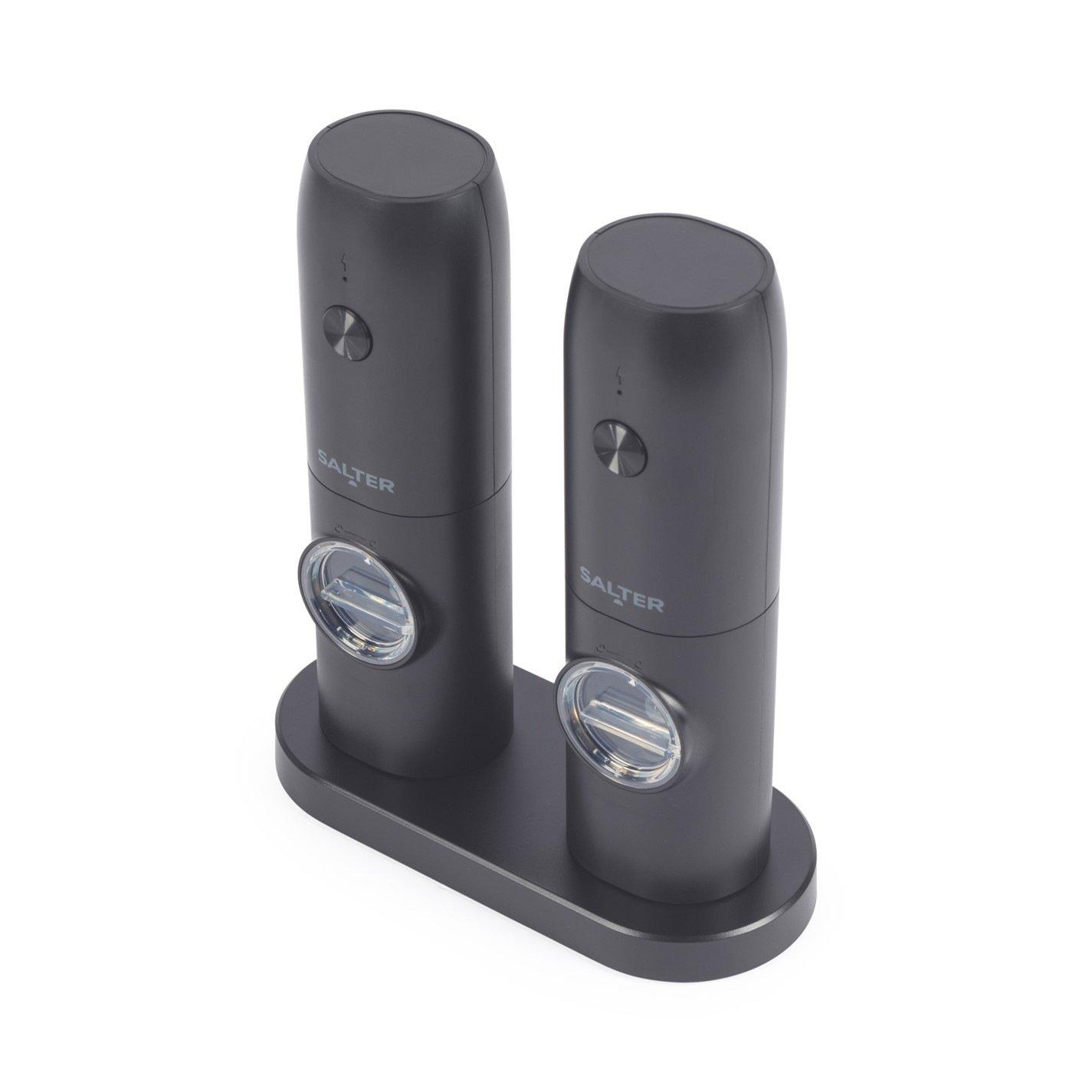 Black - Salter - Rechargeable Salt and Pepper Mill Set with Base - 3