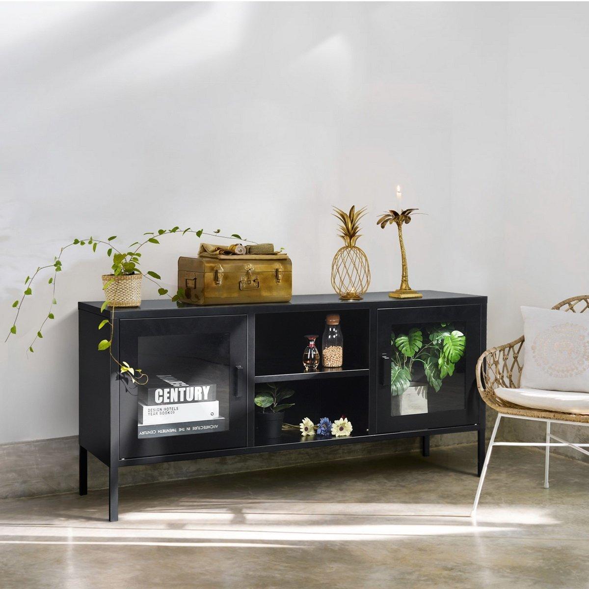 Black - FurnitureR - Sideboard with Glass Doors and Open Shelves 120 x 40 x 58 cm - 2