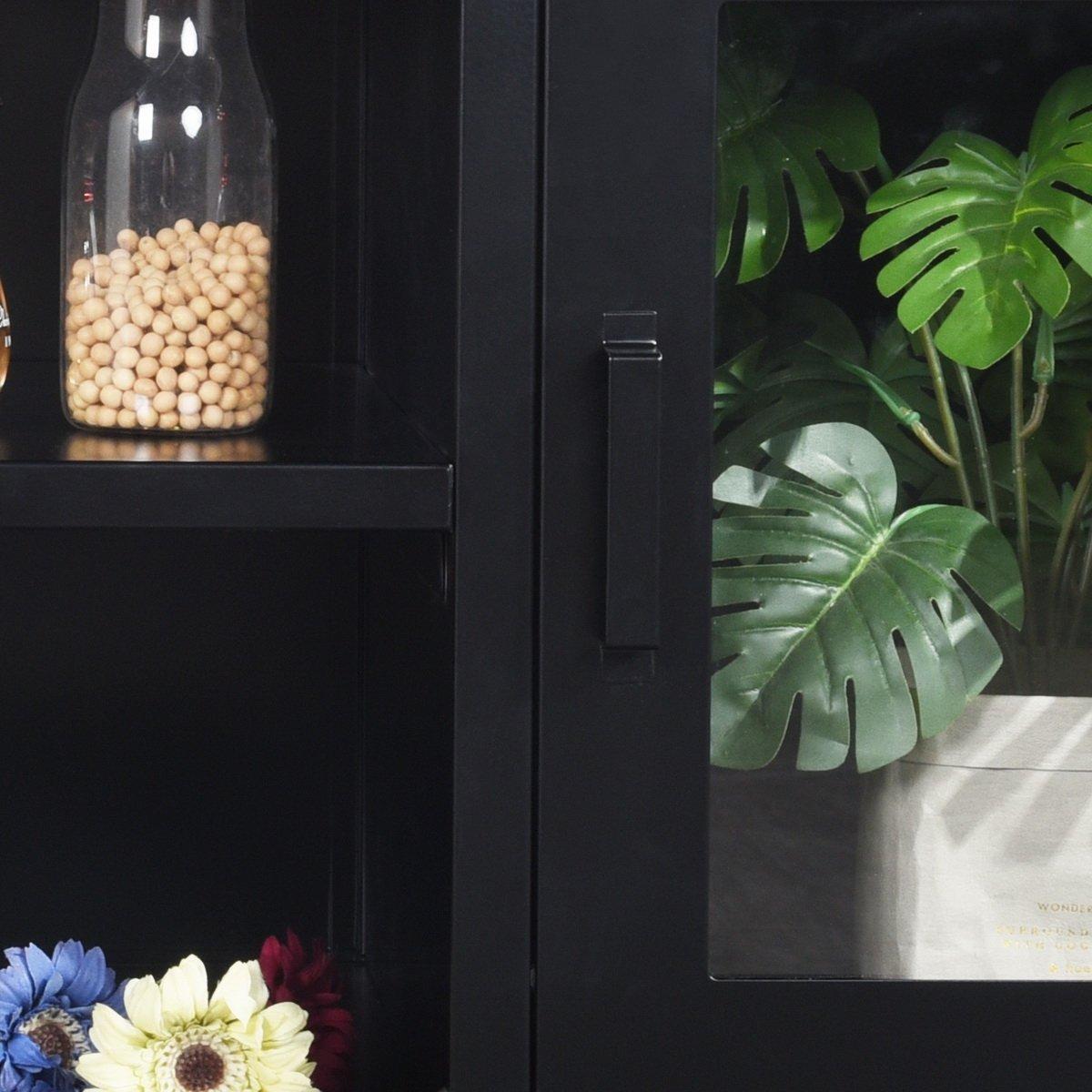 Black - FurnitureR - Sideboard with Glass Doors and Open Shelves 120 x 40 x 58 cm - 3