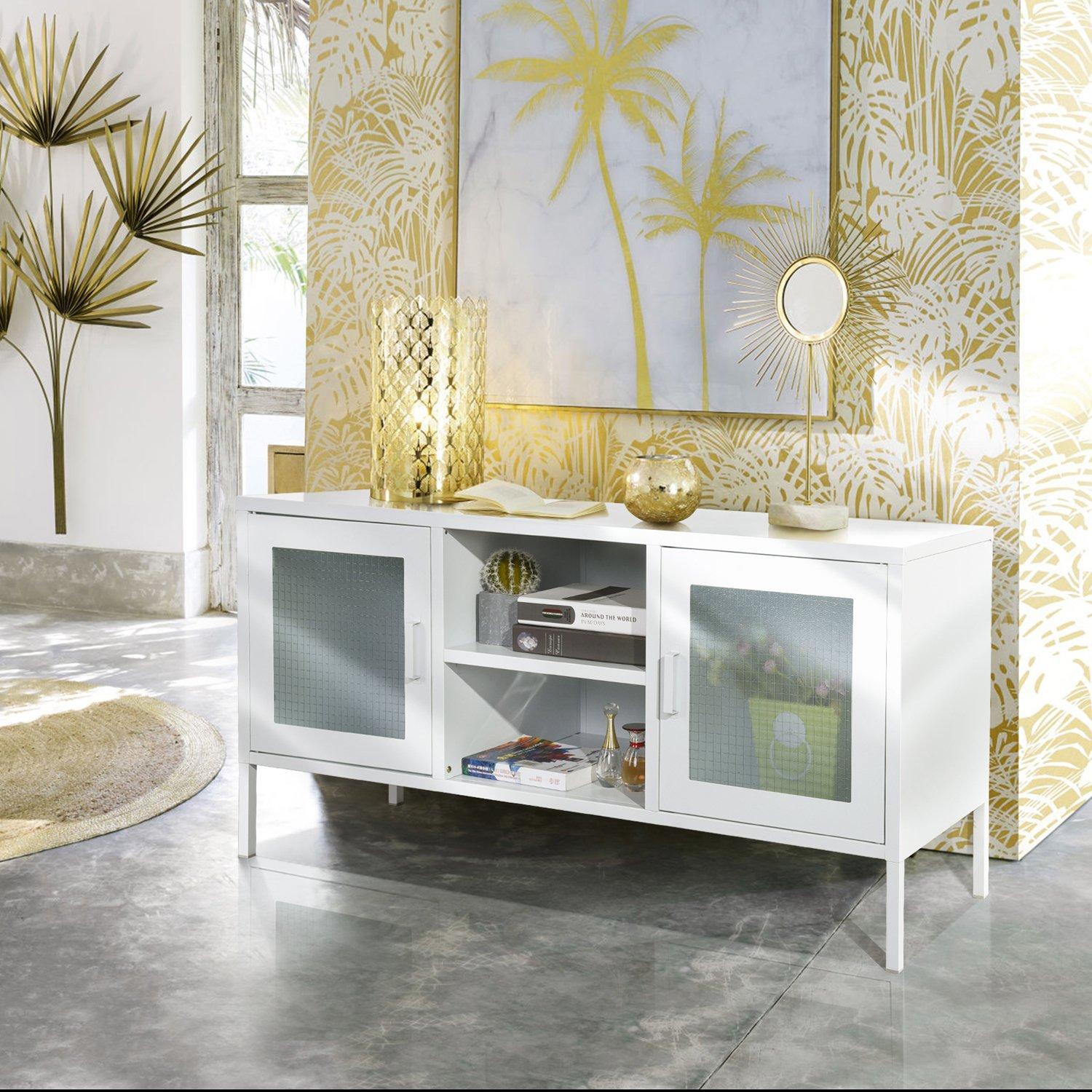 White - FurnitureR - Sideboard with Glass Doors and Open Shelves White 120 x 40 x 58 cm - 2
