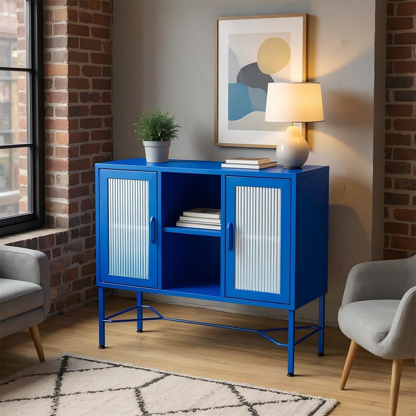 FurnitureR Storage Cabinet with Ribbed Glass Doors and Open Shelf