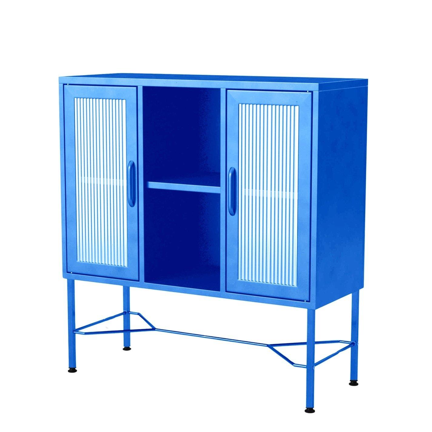 Blue - FurnitureR - Storage Cabinet with Ribbed Glass Doors and Open Shelf - 2