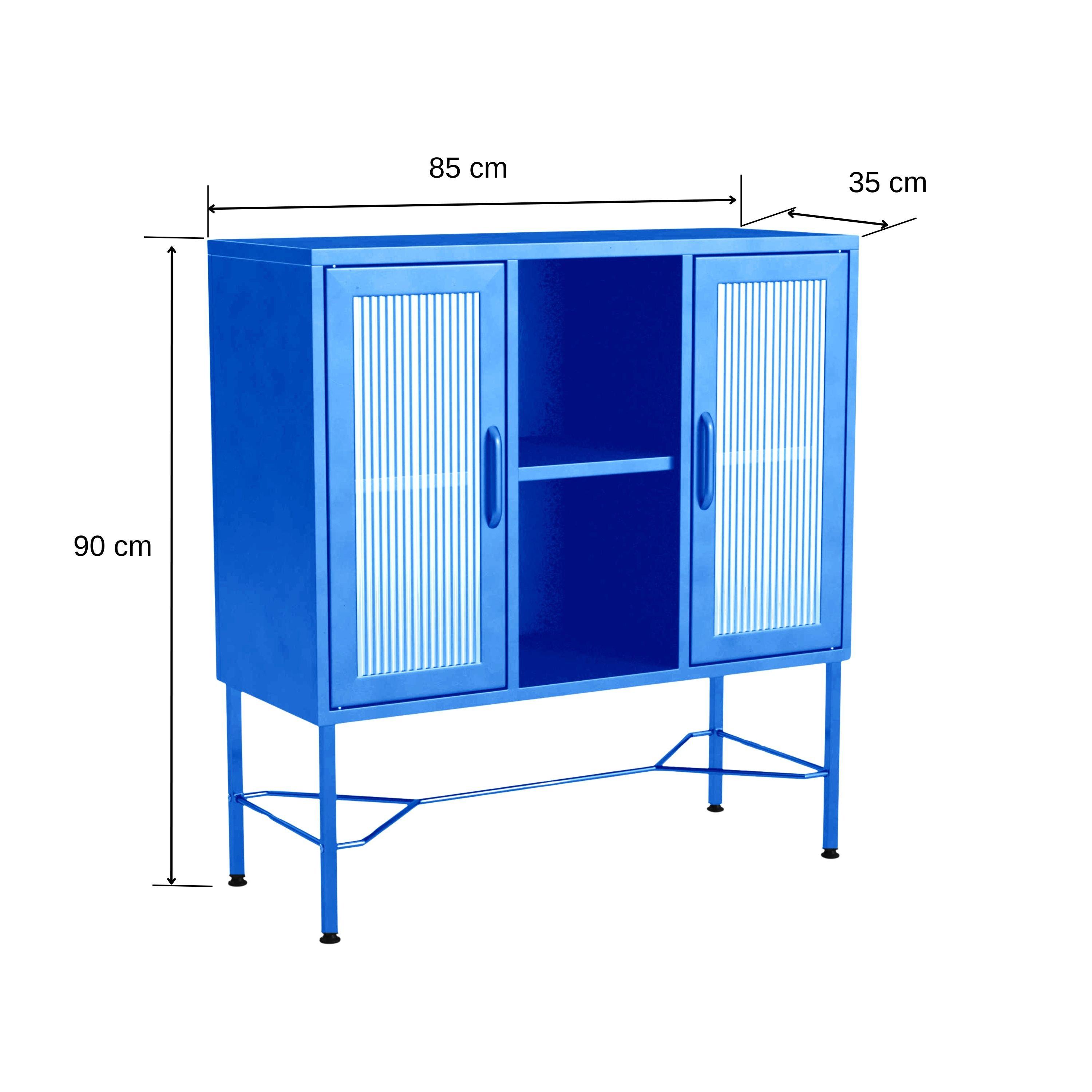 Blue - FurnitureR - Storage Cabinet with Ribbed Glass Doors and Open Shelf - 3