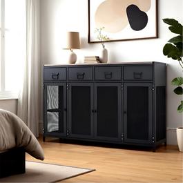 FurnitureR Sideboard Cabinet with Glass Doors and 4 Drawers 140 x 35 x 91 cm