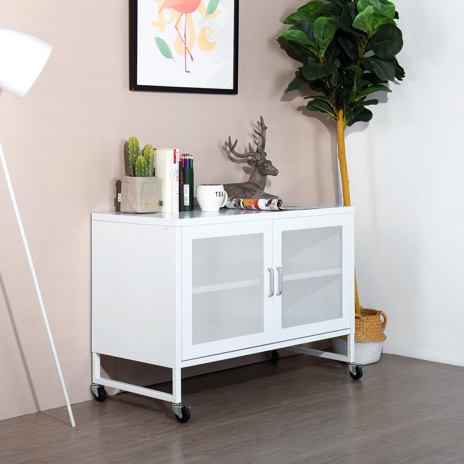 White - FurnitureR - Metal Storage Cabinet with Mesh Doors and Locking Wheels 90 x 46 x 67 cm - 2