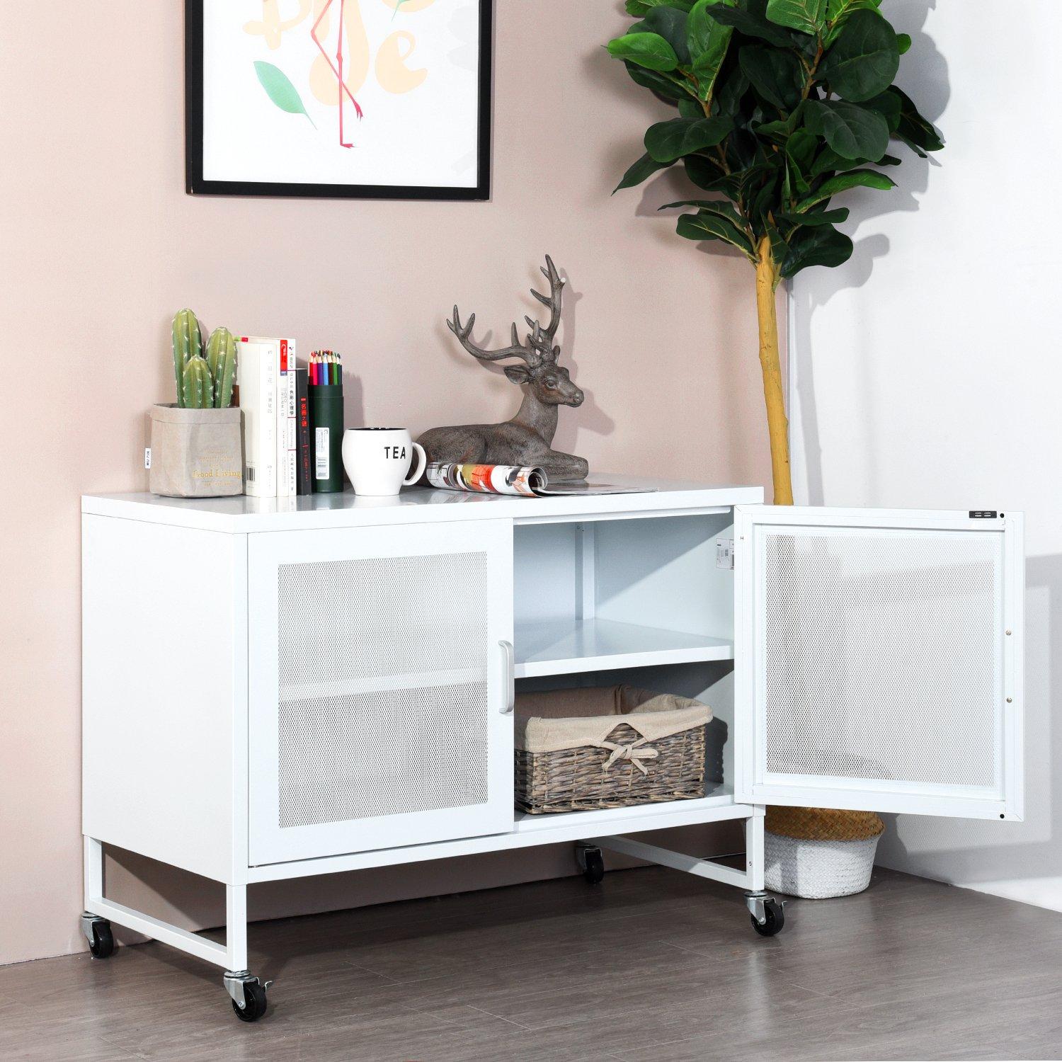 White - FurnitureR - Metal Storage Cabinet with Mesh Doors and Locking Wheels 90 x 46 x 67 cm - 3