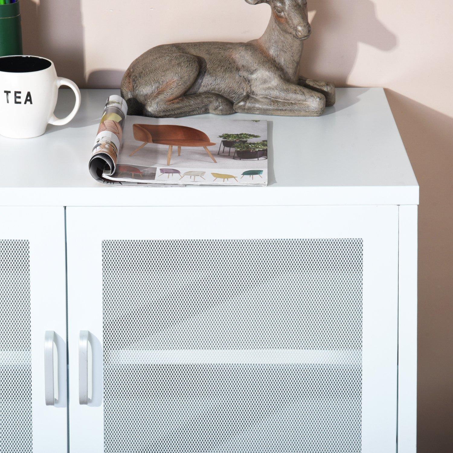 White - FurnitureR - Metal Storage Cabinet with Mesh Doors and Locking Wheels 90 x 46 x 67 cm - 4