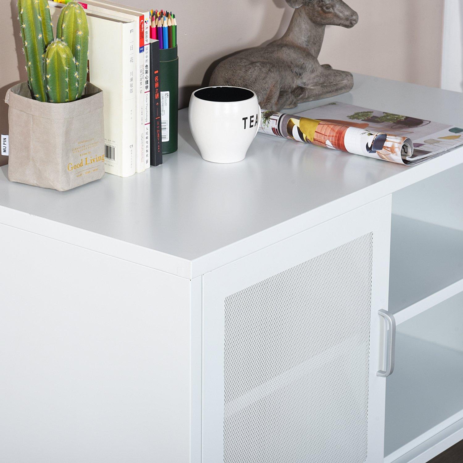 White - FurnitureR - Metal Storage Cabinet with Mesh Doors and Locking Wheels 90 x 46 x 67 cm - 5