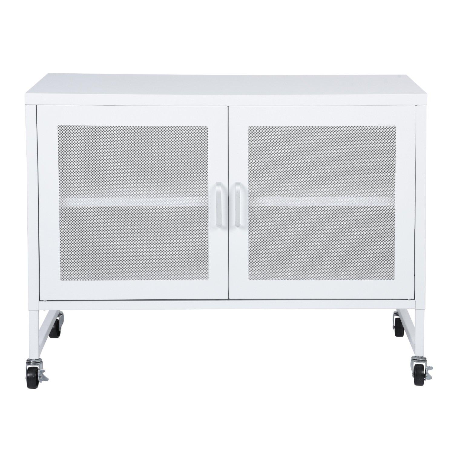 White - FurnitureR - Metal Storage Cabinet with Mesh Doors and Locking Wheels 90 x 46 x 67 cm - 6