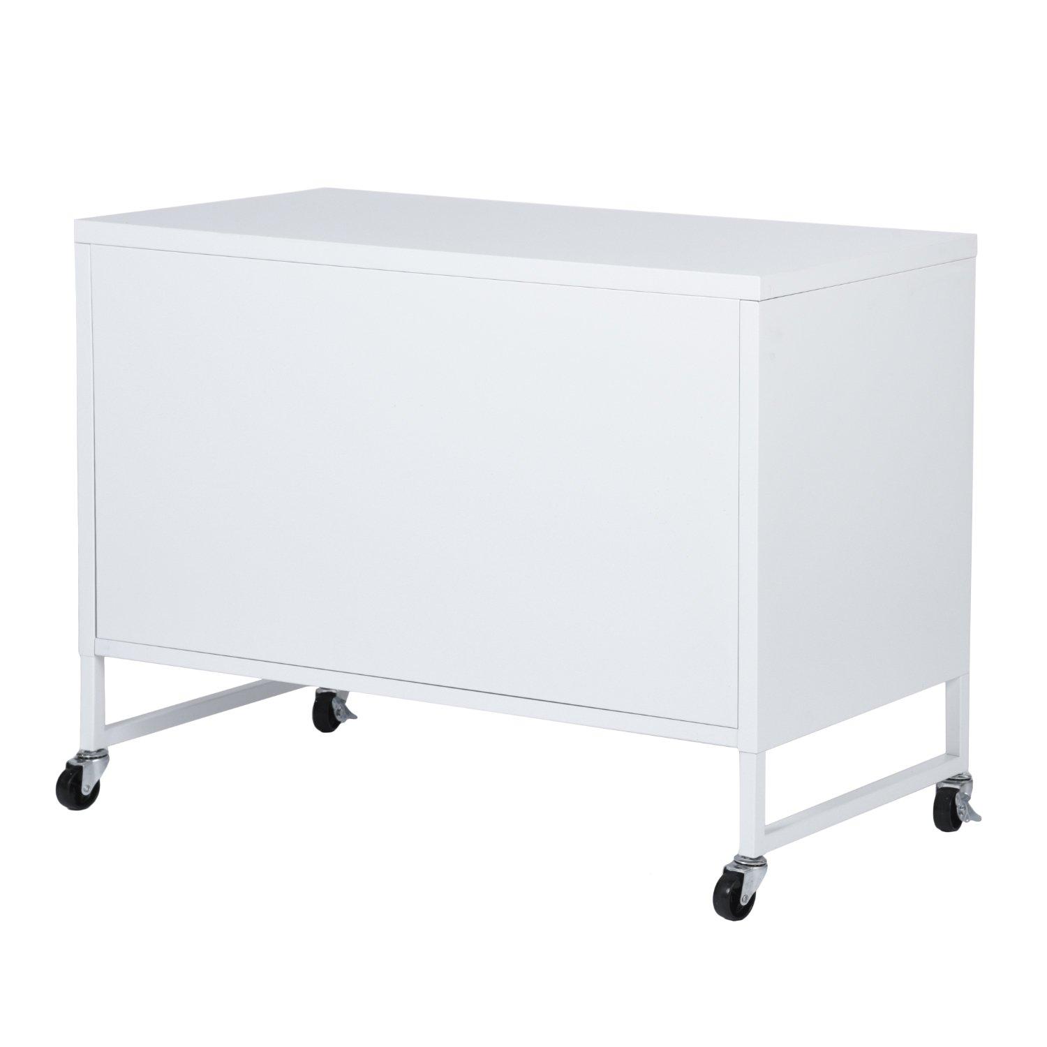 White - FurnitureR - Metal Storage Cabinet with Mesh Doors and Locking Wheels 90 x 46 x 67 cm - 9