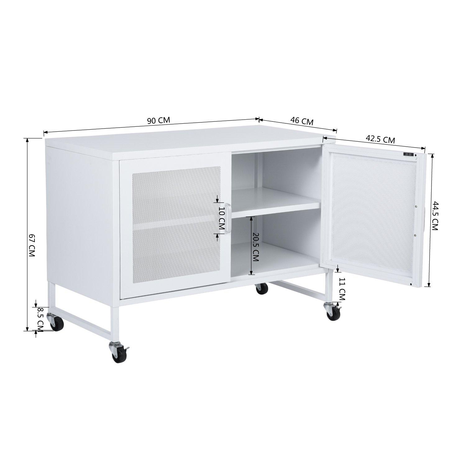 White - FurnitureR - Metal Storage Cabinet with Mesh Doors and Locking Wheels 90 x 46 x 67 cm - 10