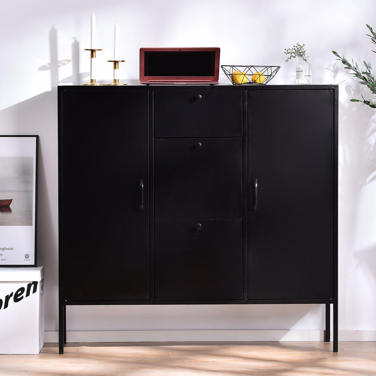 Black - FurnitureR - Storage Cabinet with Drawers and Shelves Sideboard Organizer for Living Room and Office - 3