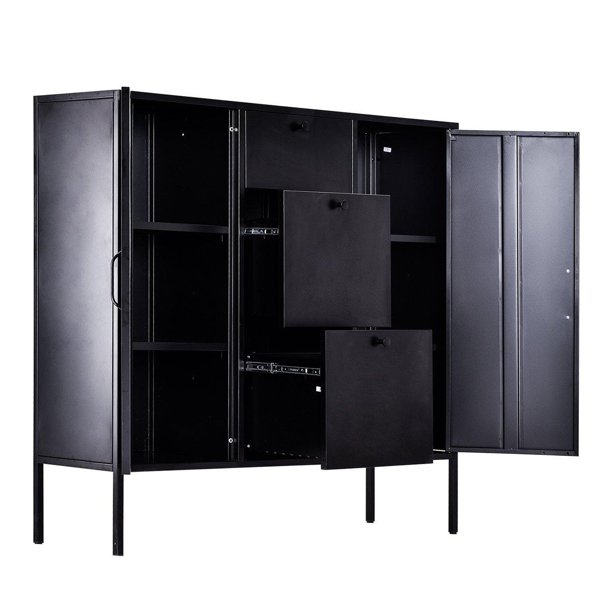 Black - FurnitureR - Storage Cabinet with Drawers and Shelves Sideboard Organizer for Living Room and Office - 9