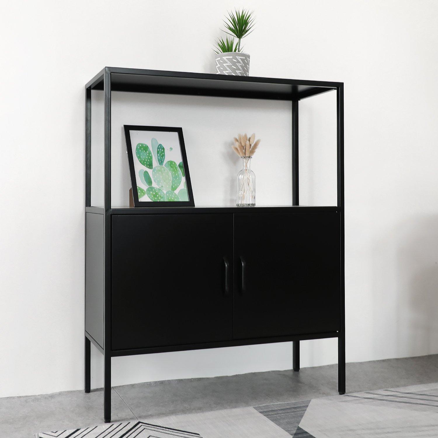 Black - FurnitureR - Storage Cabinet with Open Shelf 2-Door Industrial Sideboard - 2