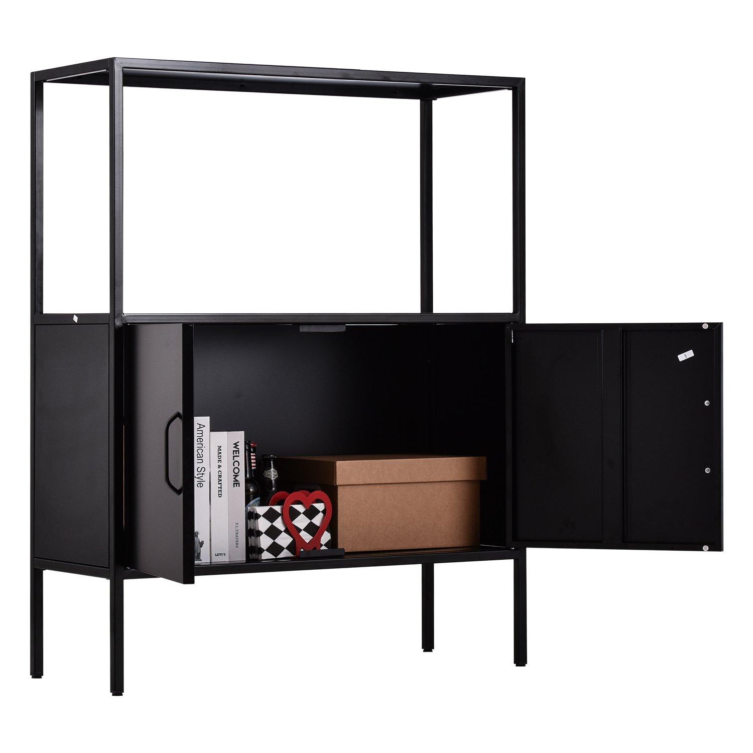 Black - FurnitureR - Storage Cabinet with Open Shelf 2-Door Industrial Sideboard - 5