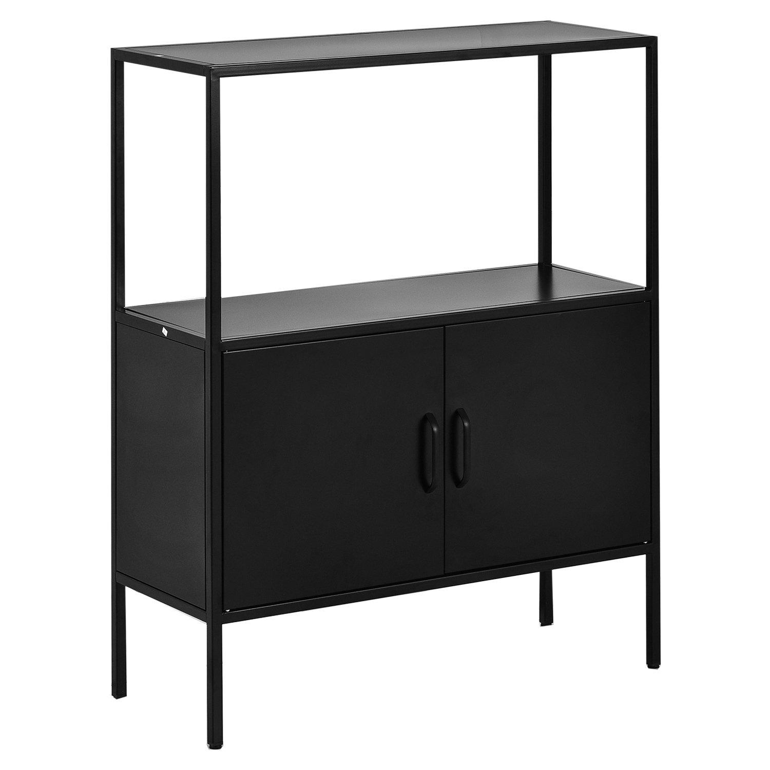 Black - FurnitureR - Storage Cabinet with Open Shelf 2-Door Industrial Sideboard - 6