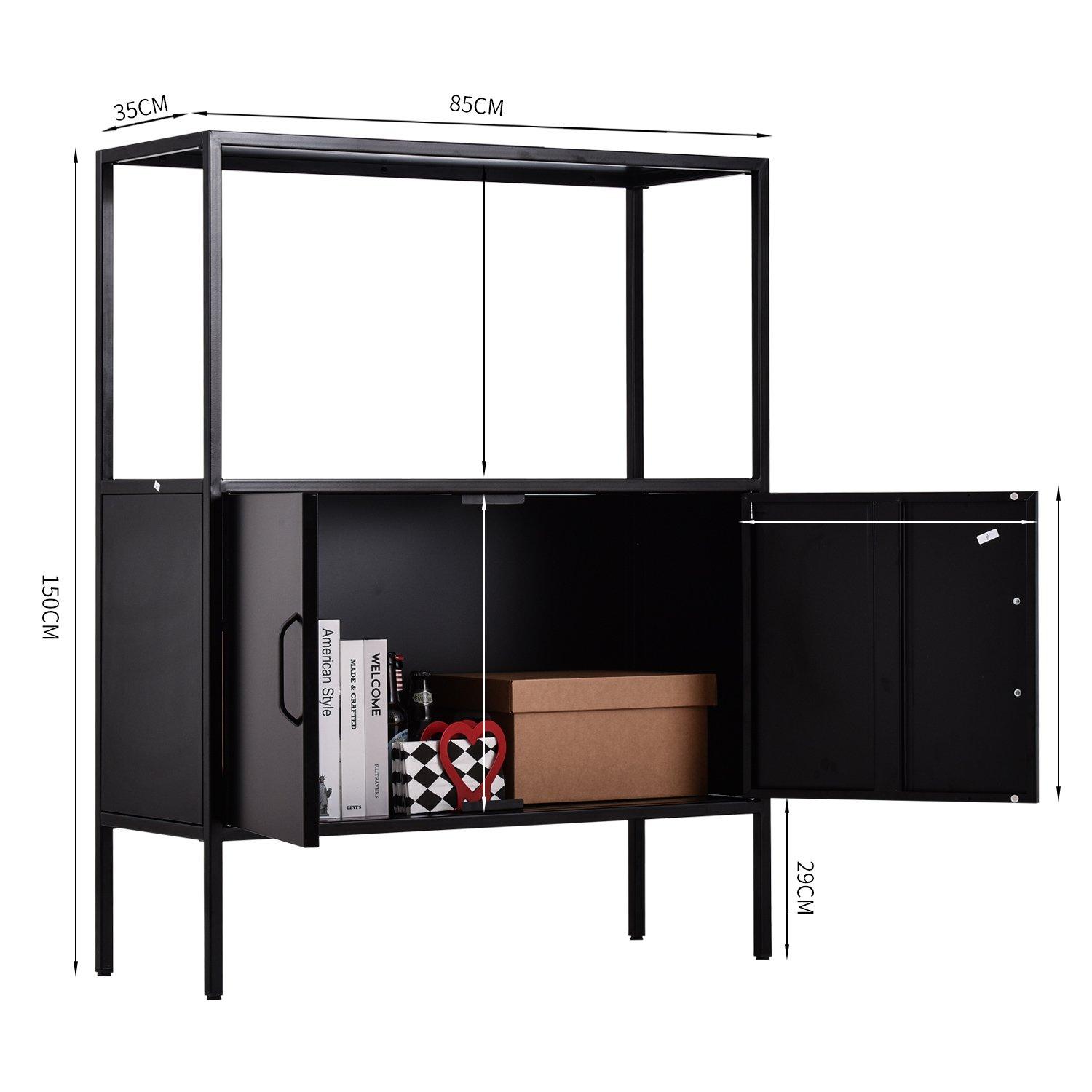 Black - FurnitureR - Storage Cabinet with Open Shelf 2-Door Industrial Sideboard - 7