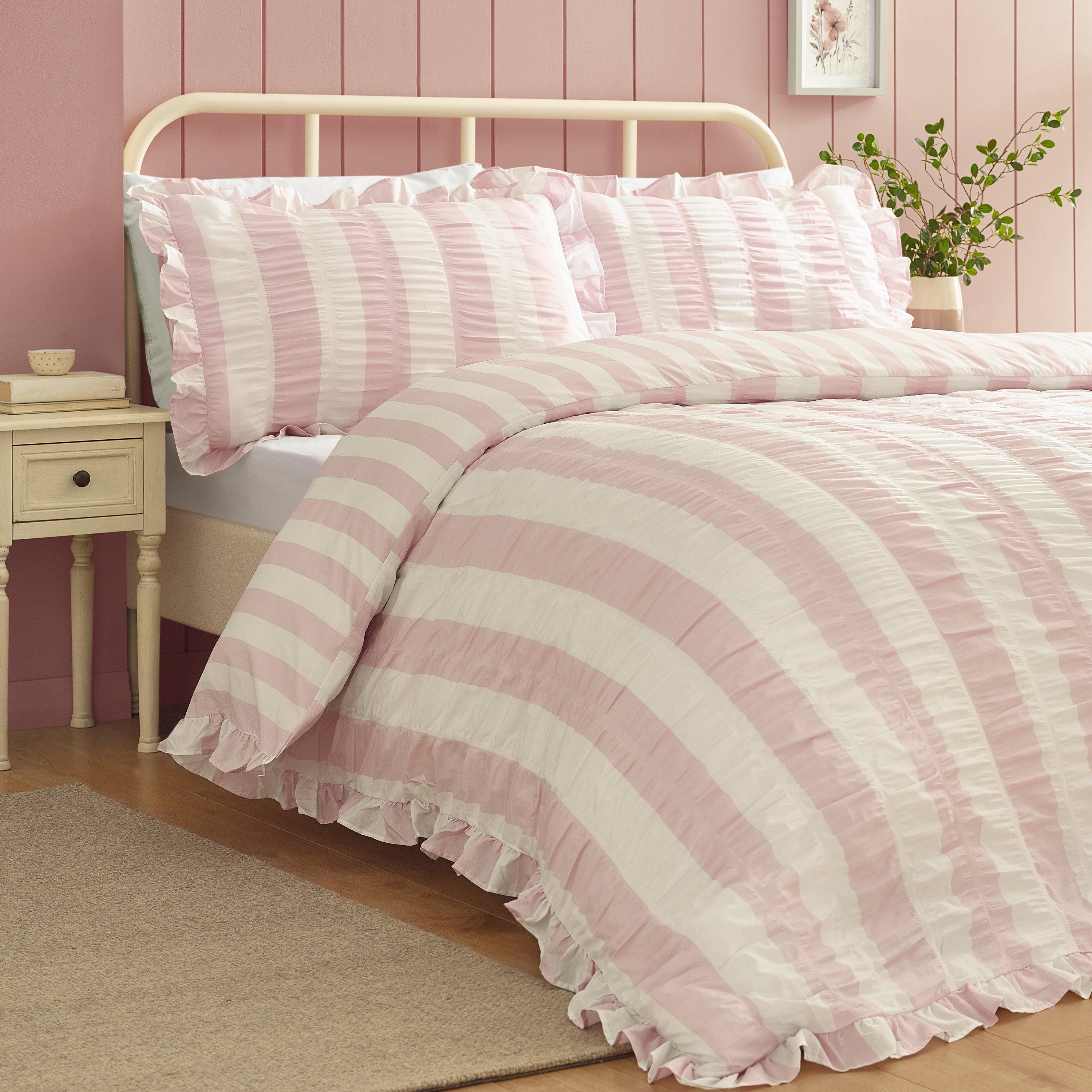 Catherine Lansfield  Seersucker Frill Stripe Duvet Cover Set - Pink - Super King