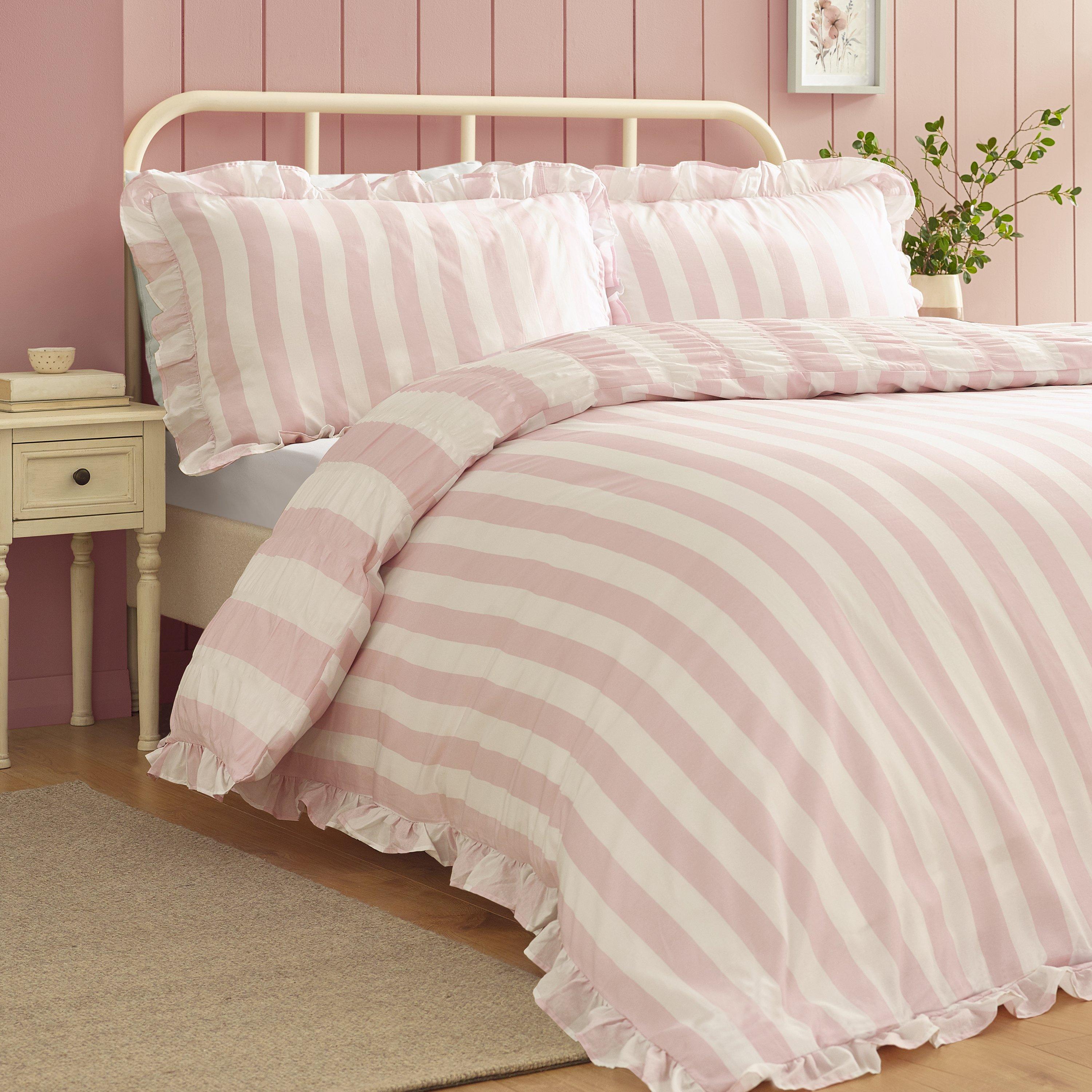 Pink - Catherine Lansfield - Seersucker Frill Stripe Duvet Cover Set - 2