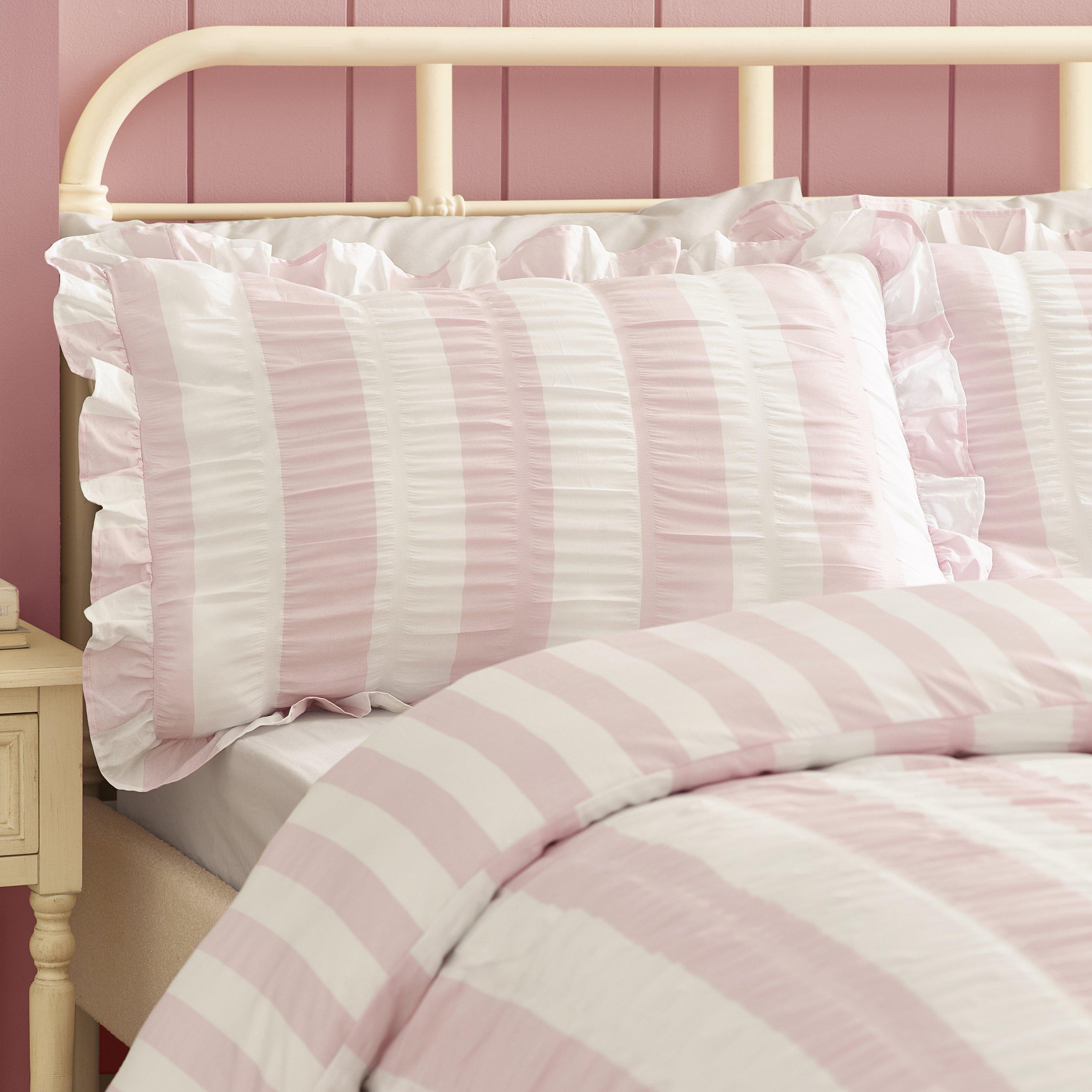 Pink - Catherine Lansfield - Seersucker Frill Stripe Duvet Cover Set - 3