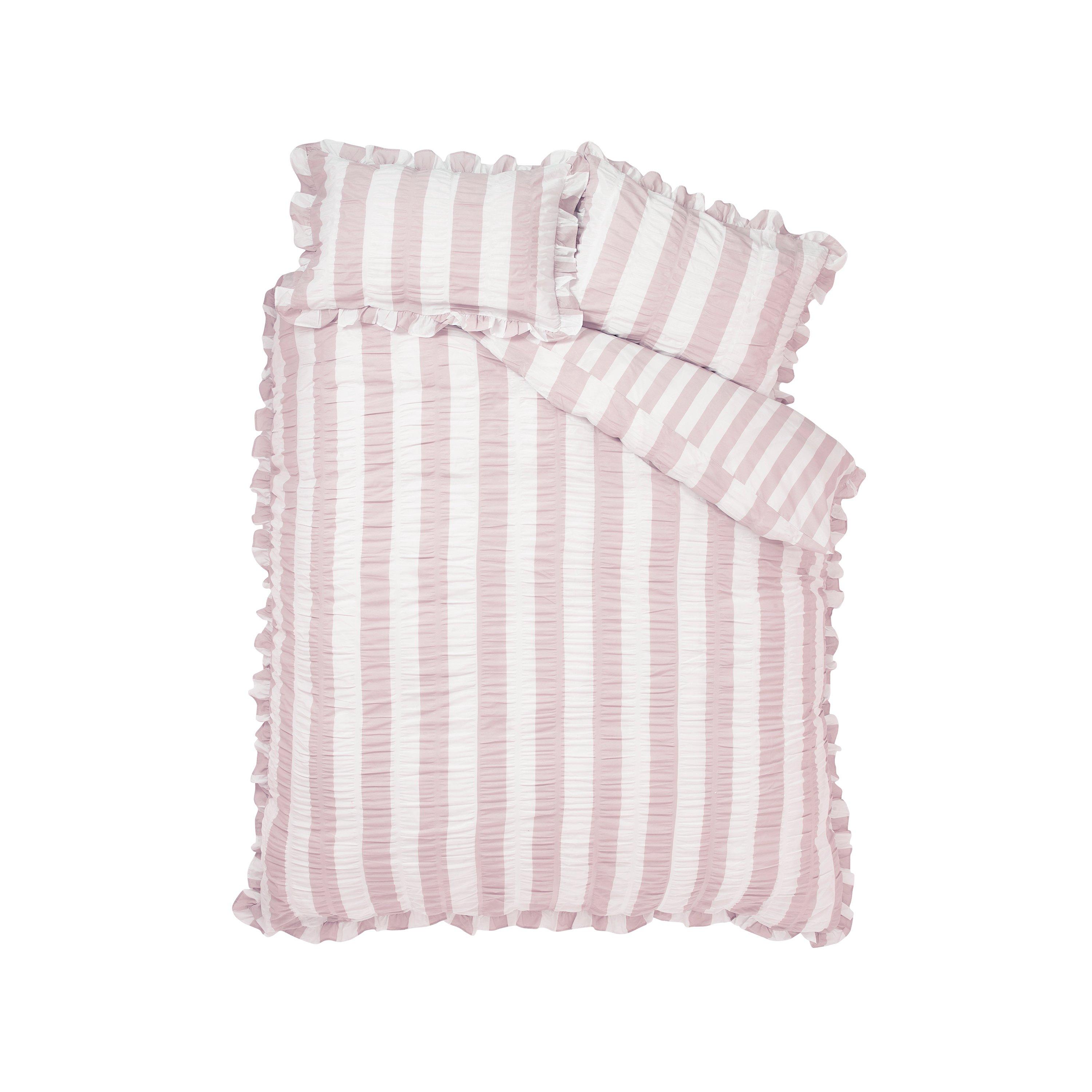 Pink - Catherine Lansfield - Seersucker Frill Stripe Duvet Cover Set - 5