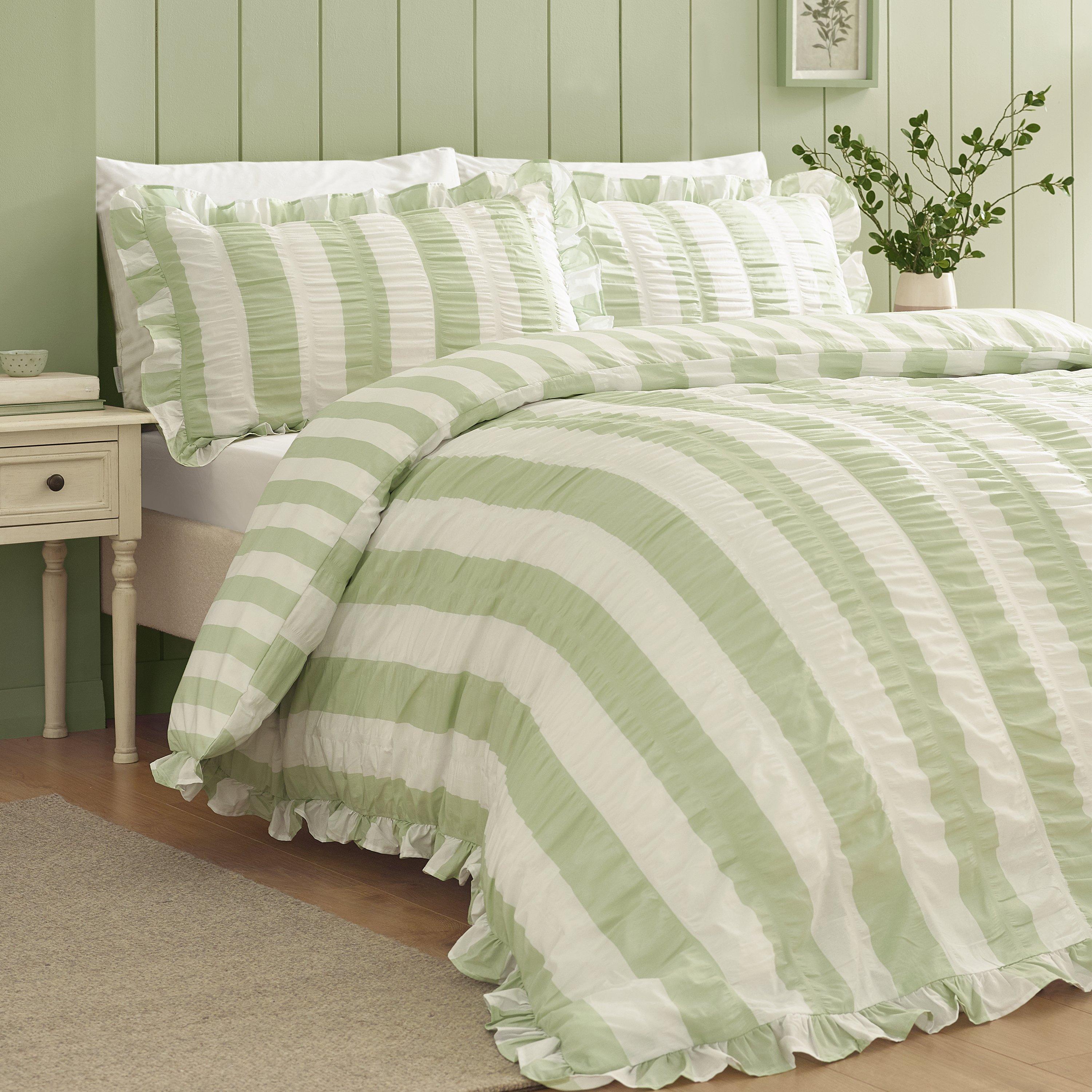 Catherine Lansfield  Seersucker Frill Stripe Duvet Cover Set - Green - Double
