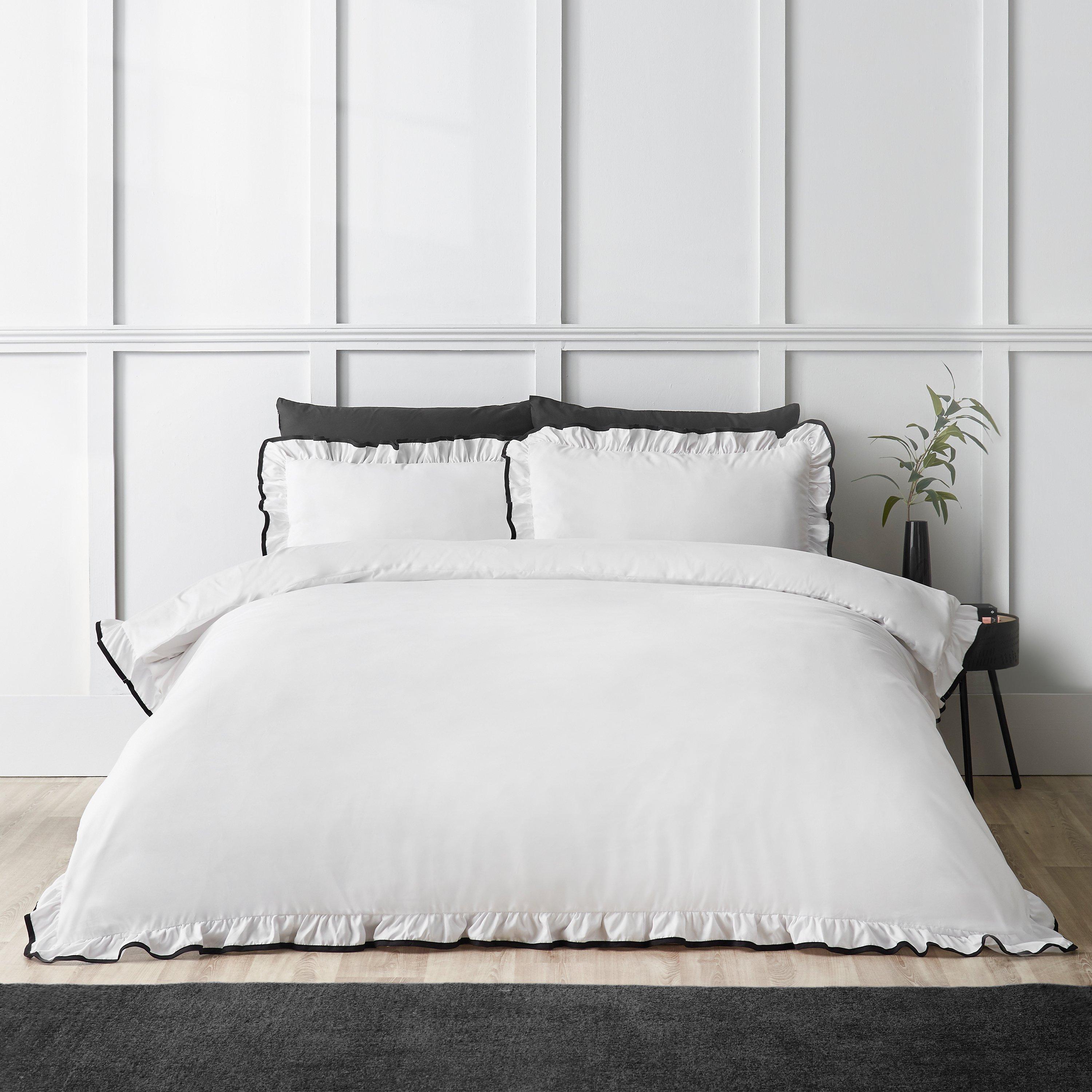 White/Black - Catherine Lansfield - Soft Mono Frill Duvet Cover Set - 1