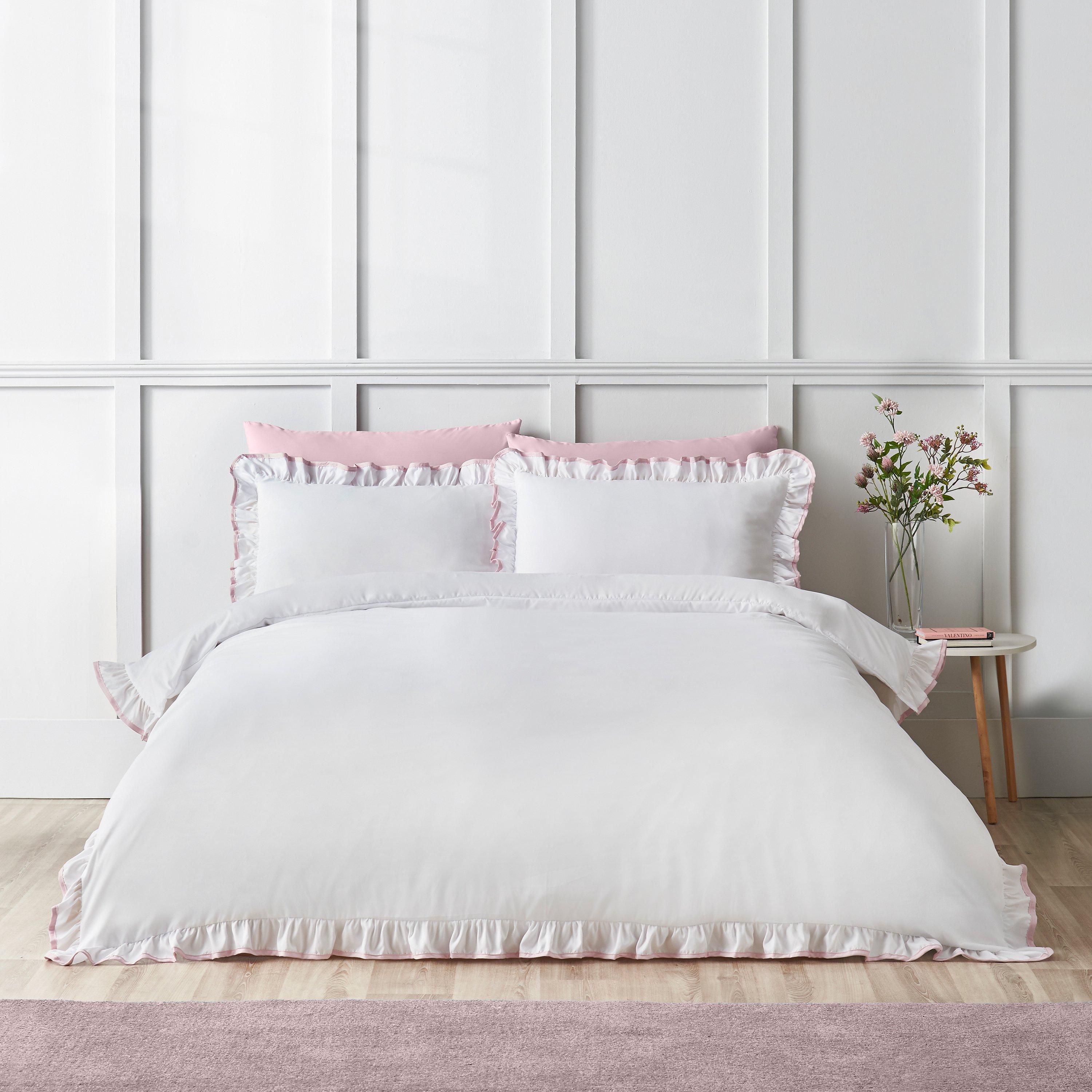 Cat Pink & White Catherine Lansfield So Soft Mono Frill Duvet Set - Image 4