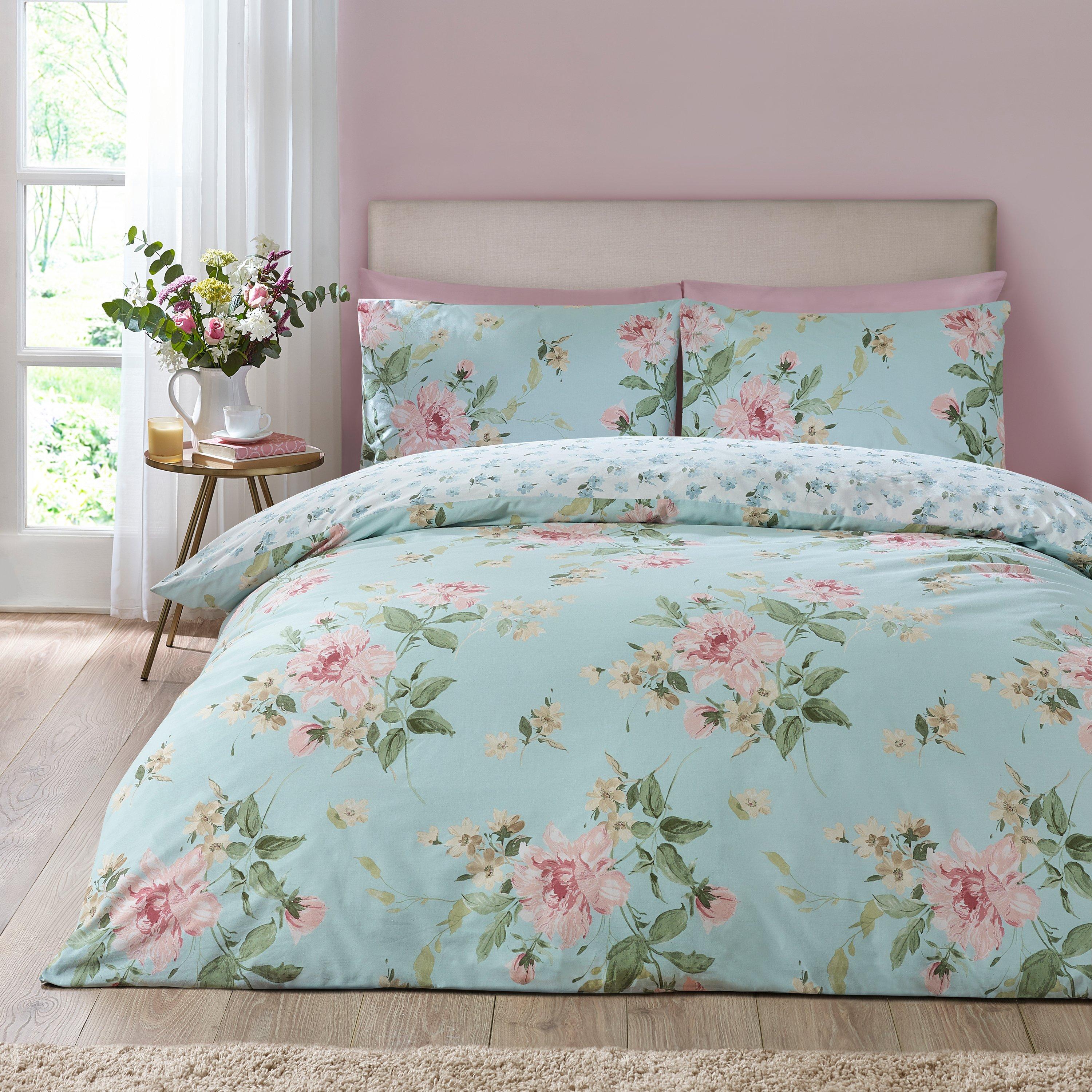 Catherine Lansfield Unisex Duck Egg Blue Avebury Floral Duvet Cover Set In | Size: Single - Image 3