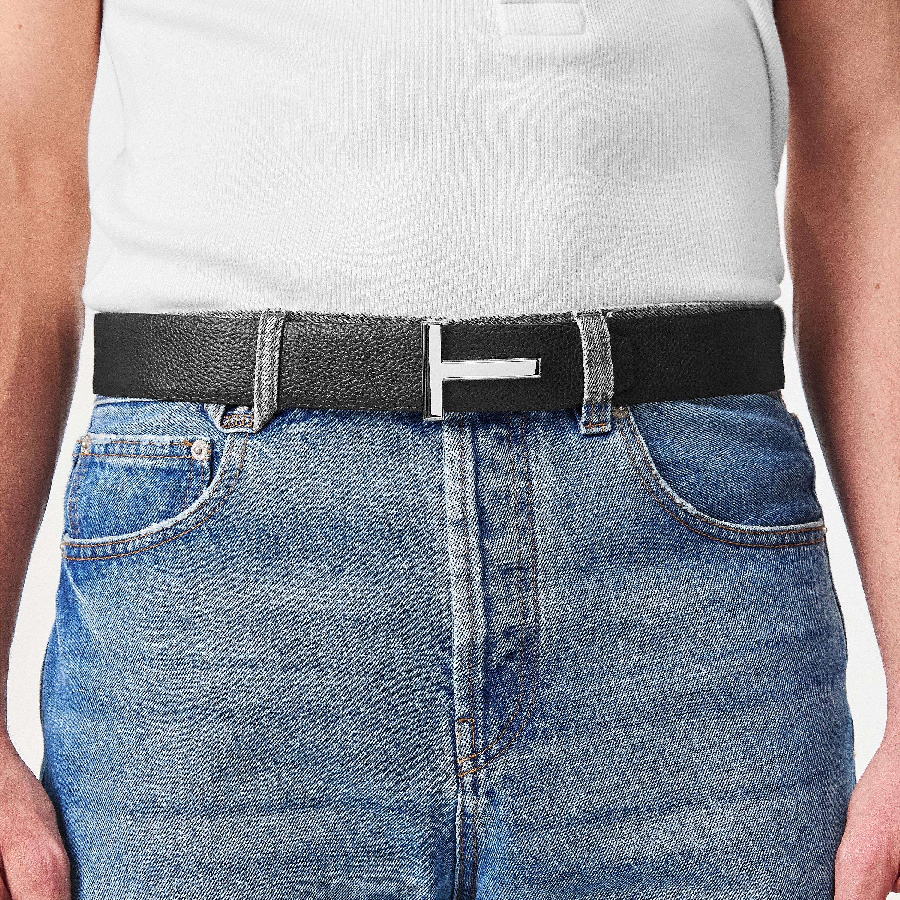 Brown/Black - Tom Ford - Men's Plain Leather Reversible T Buckle Belt - 3