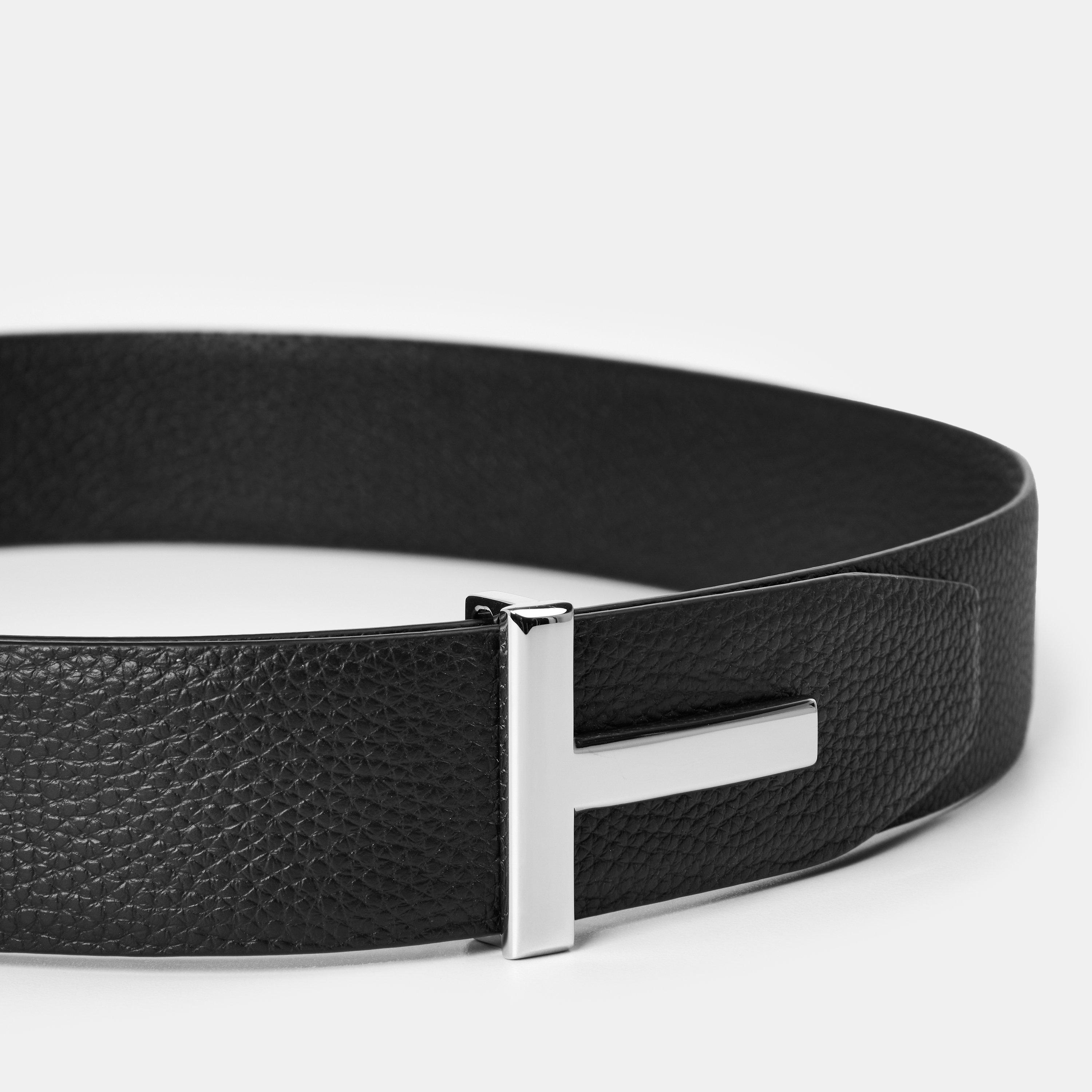 Brown/Black - Tom Ford - Men's Plain Leather Reversible T Buckle Belt - 4