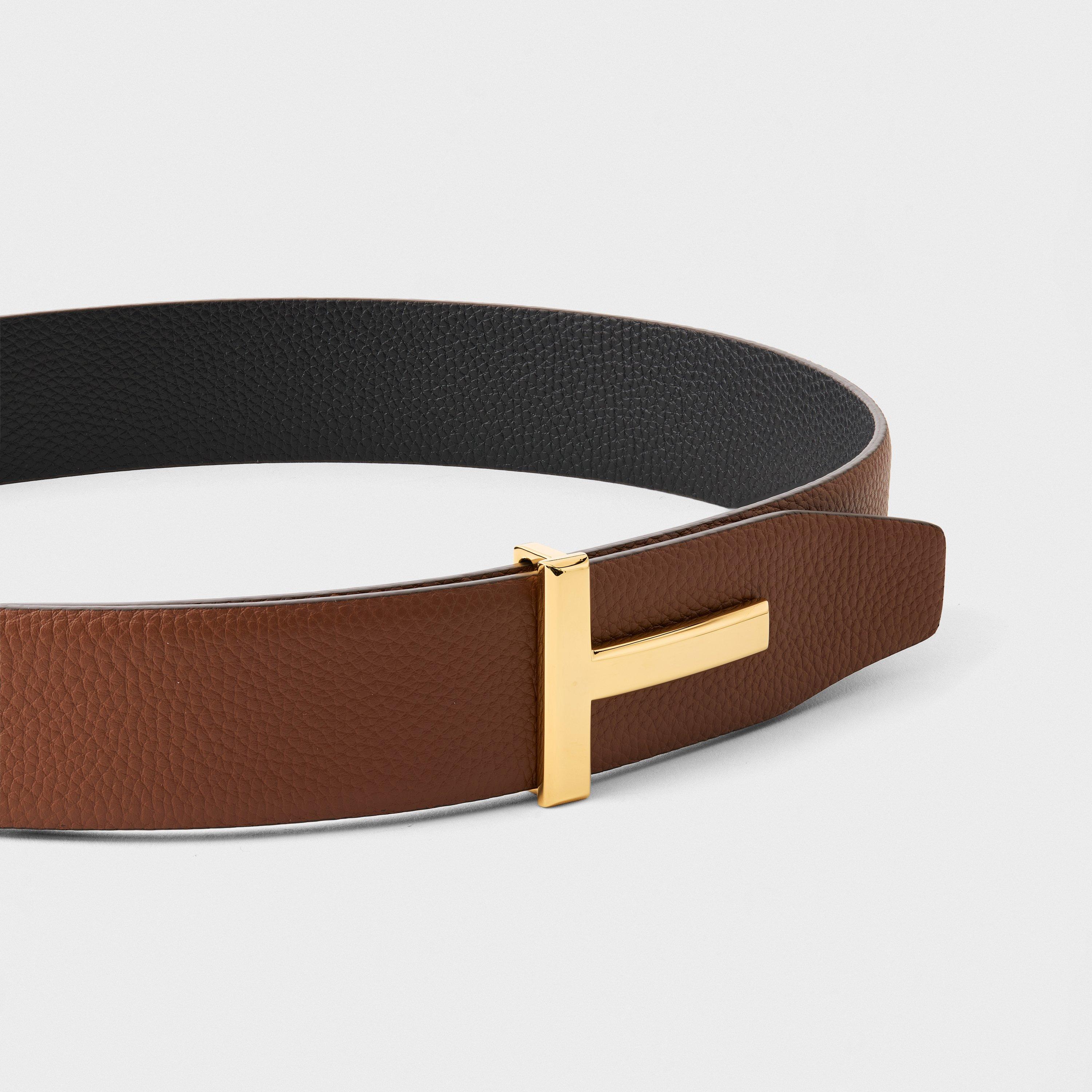 Brown - Tom Ford - Men's Plain Leather Reversible T Buckle Belt - 3
