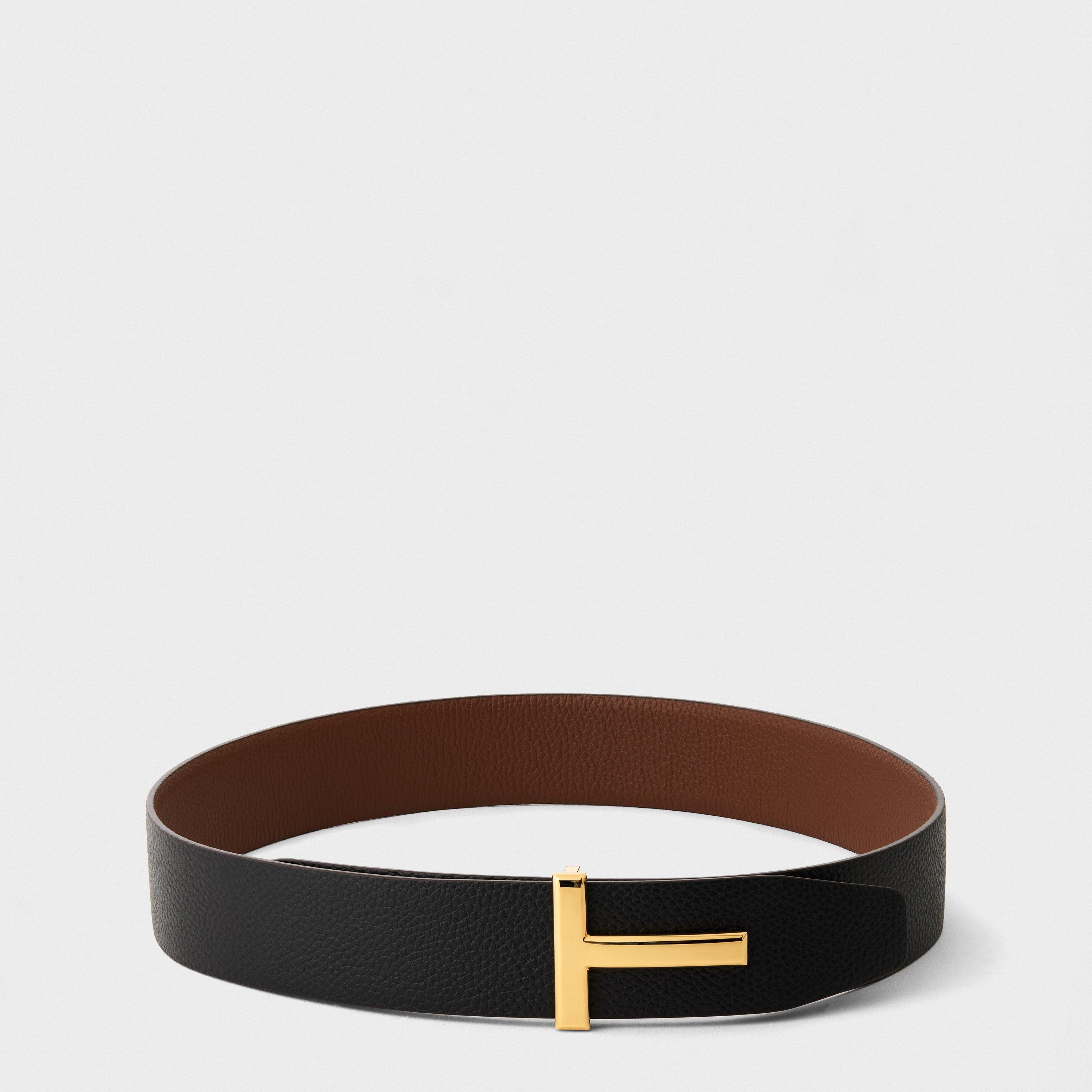 Brown - Tom Ford - Men's Plain Leather Reversible T Buckle Belt - 4