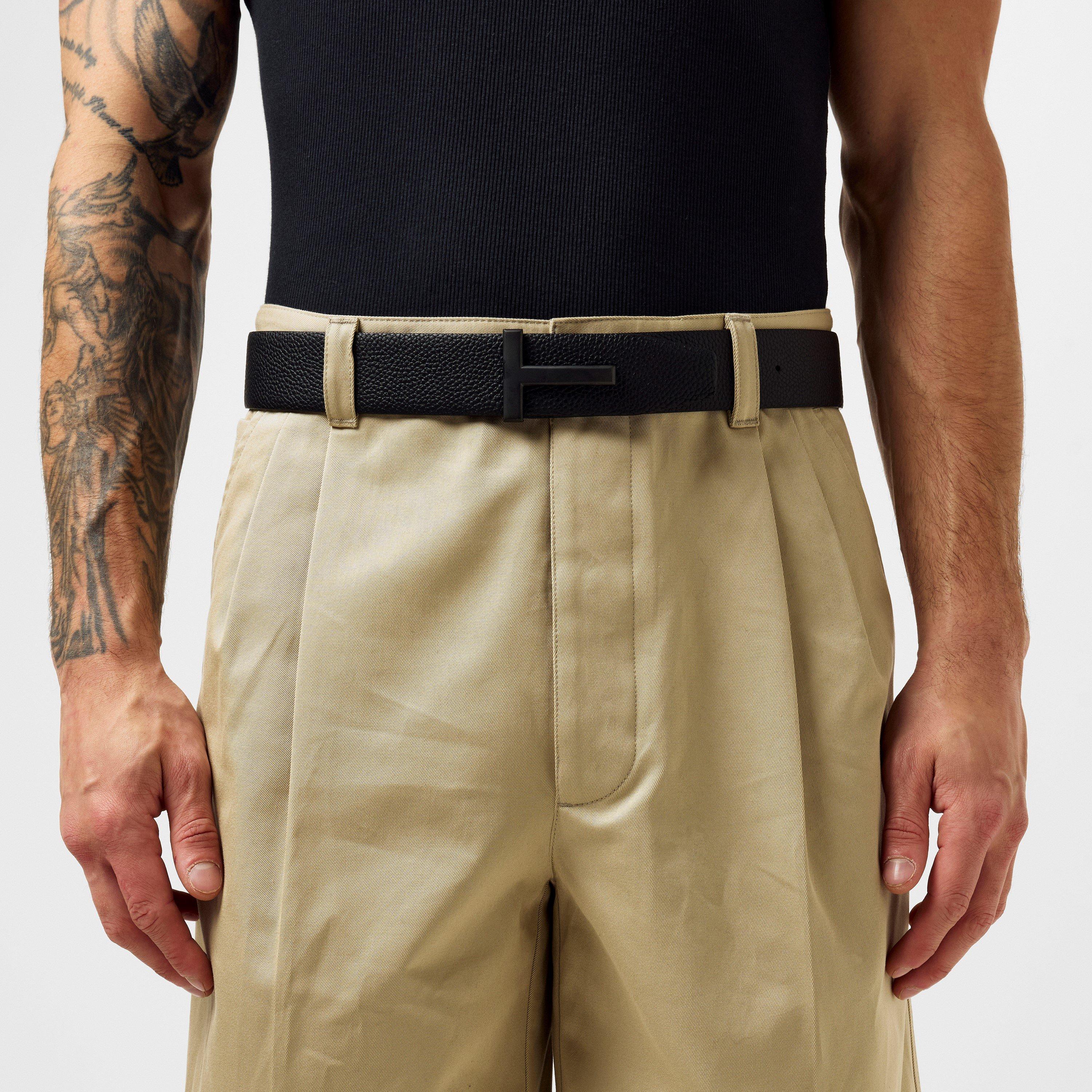 Black - Tom Ford - Men's Plain Leather Reversible T Buckle Belt - 2