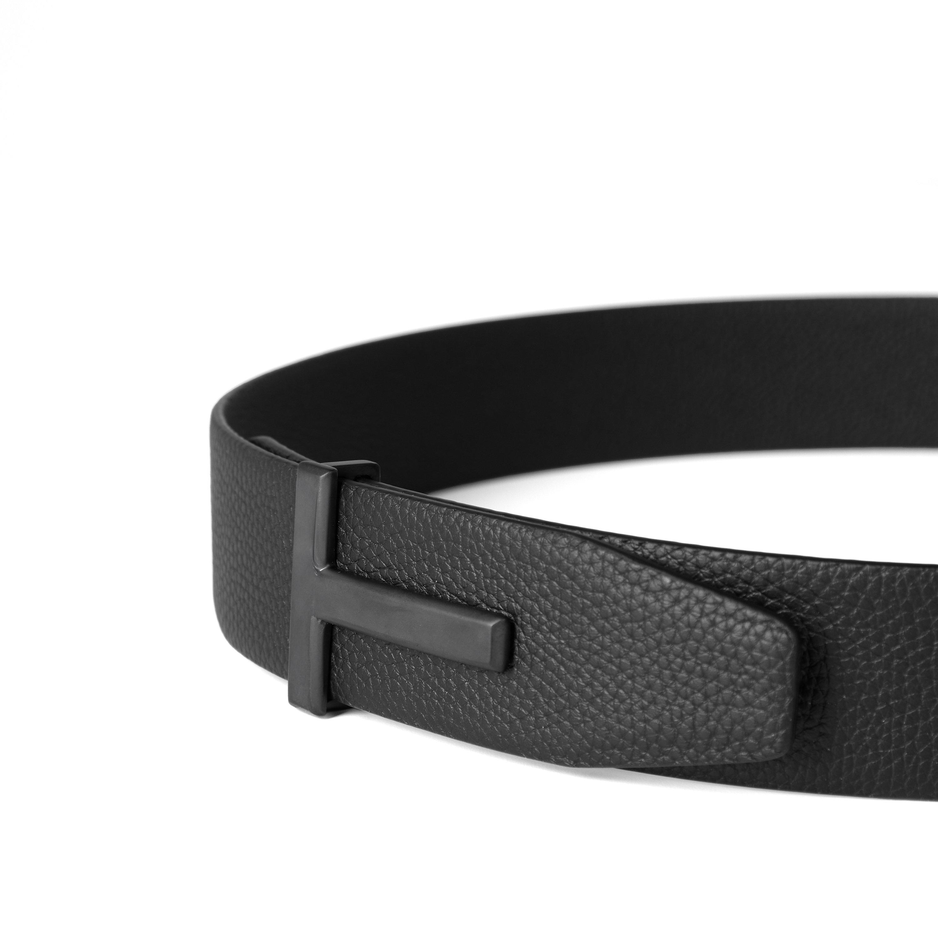 Black - Tom Ford - Men's Plain Leather Reversible T Buckle Belt - 4