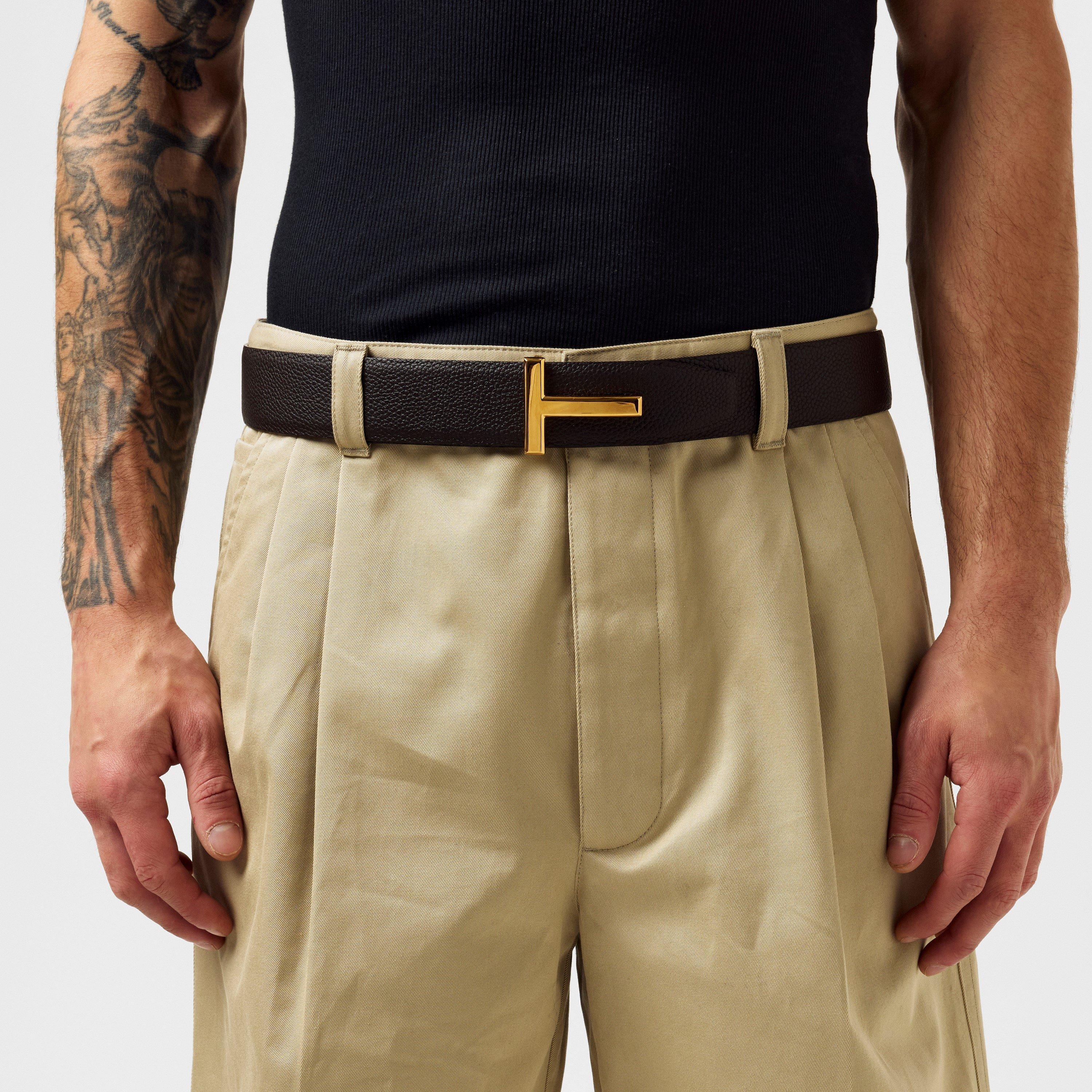 Brwn/Blk 3BN06 - Tom Ford - Men's Plain Leather T Reversible Belt - 2