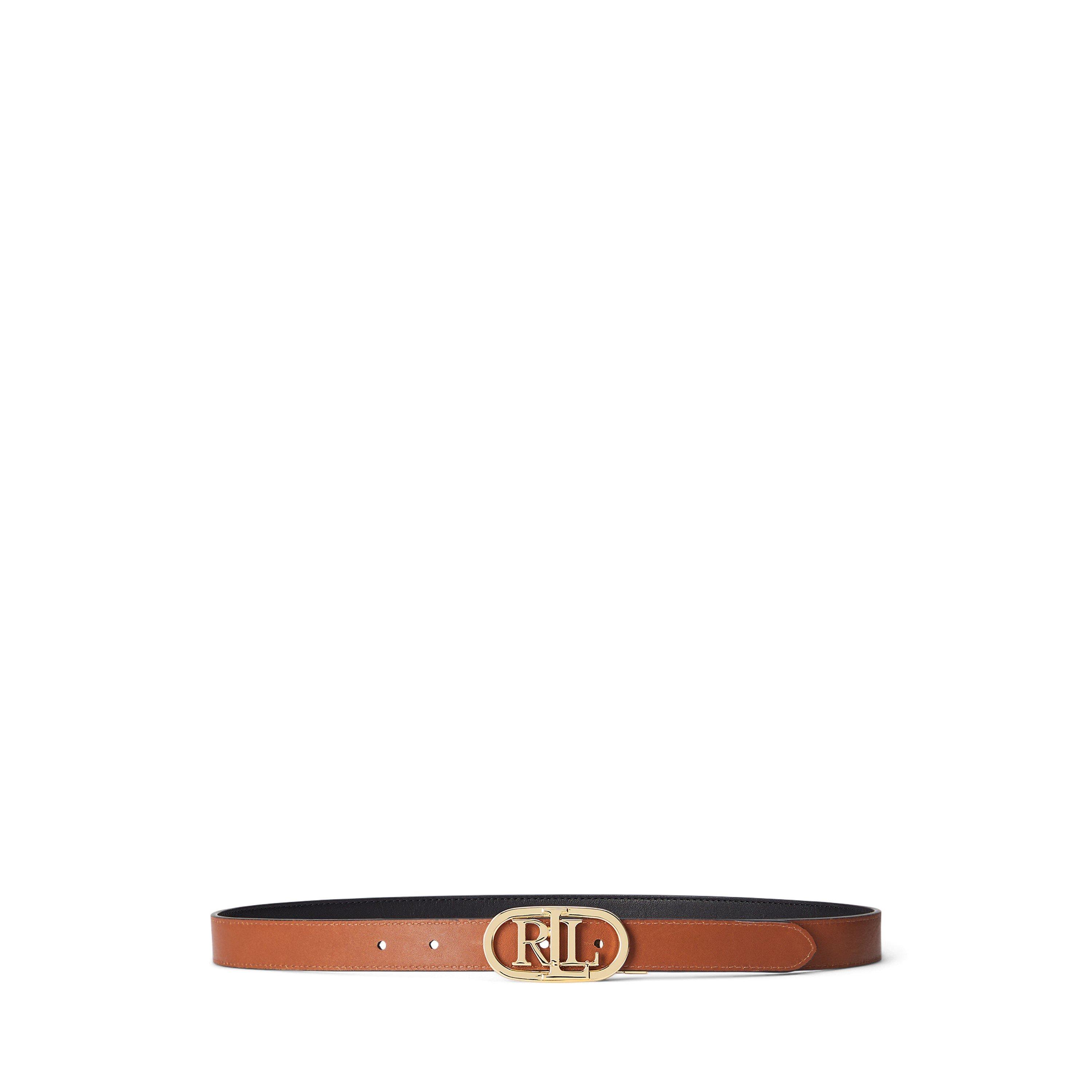 Lauren by Ralph Lauren Oval-Logo Reversible Leather Skinny Belt - Black/Tan - X Small